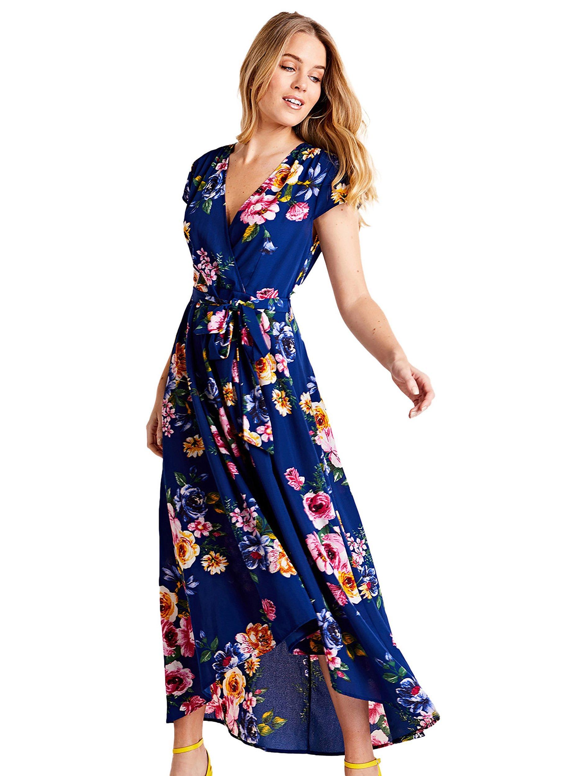 Product image 1 of 4, which shows Yumi Floral Wrap Midi Dress, Navy, 8