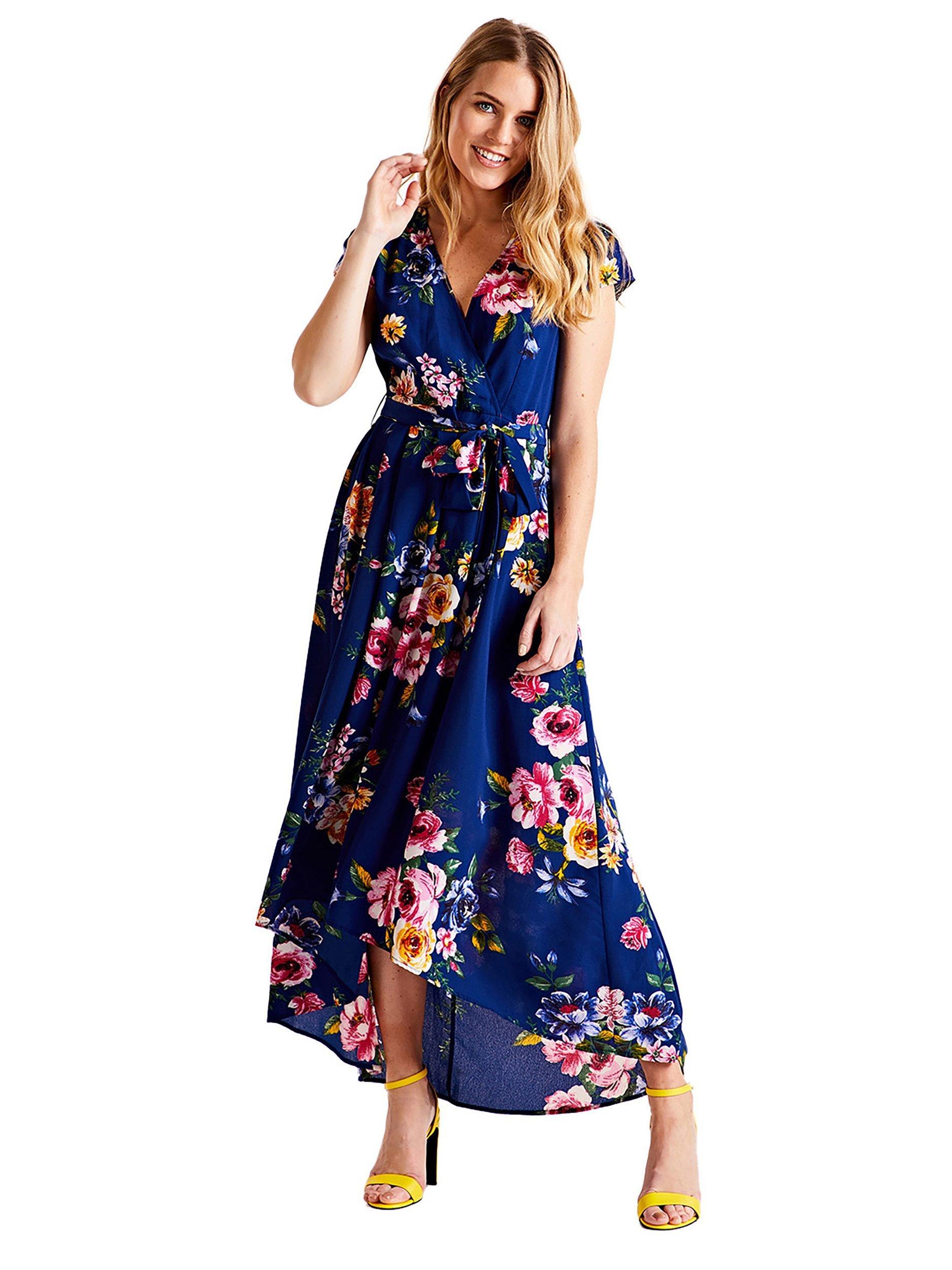 Product image 2 of 4, which shows Yumi Floral Wrap Midi Dress, Navy, 8