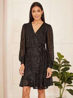 Yumi Sequin Wrap Mini Dress, Black, Black