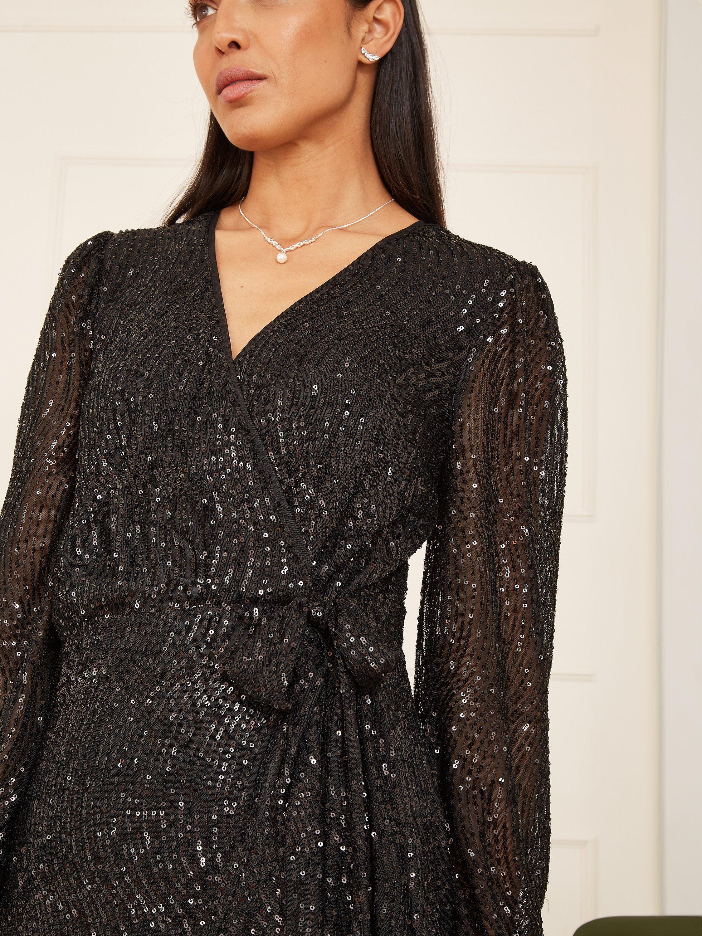 Product image 3 of 5, which shows Yumi Sequin Wrap Mini Dress, Black, 8