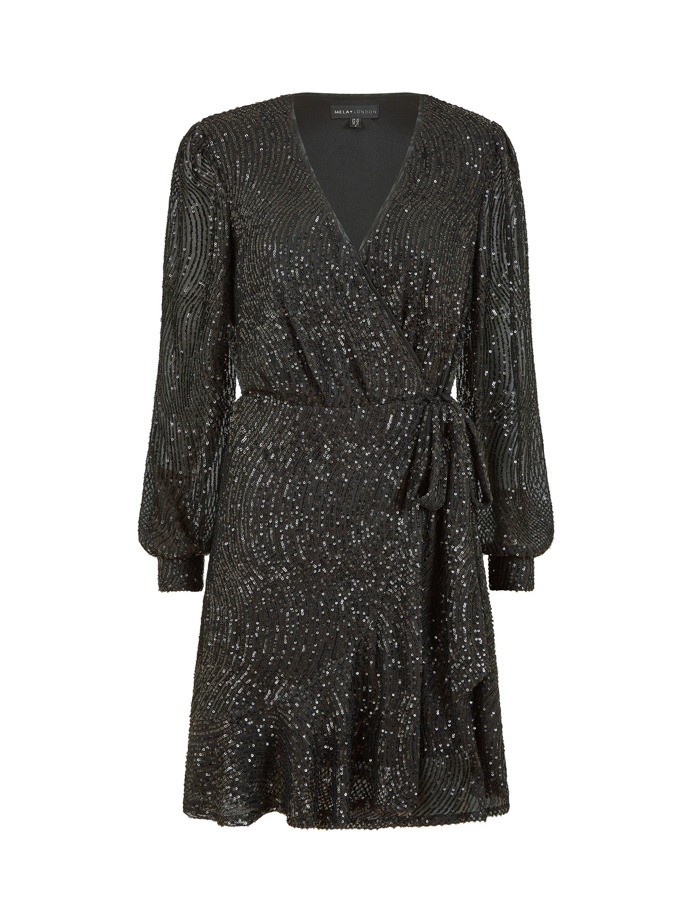 Product image 5 of 5, which shows Yumi Sequin Wrap Mini Dress, Black, 8