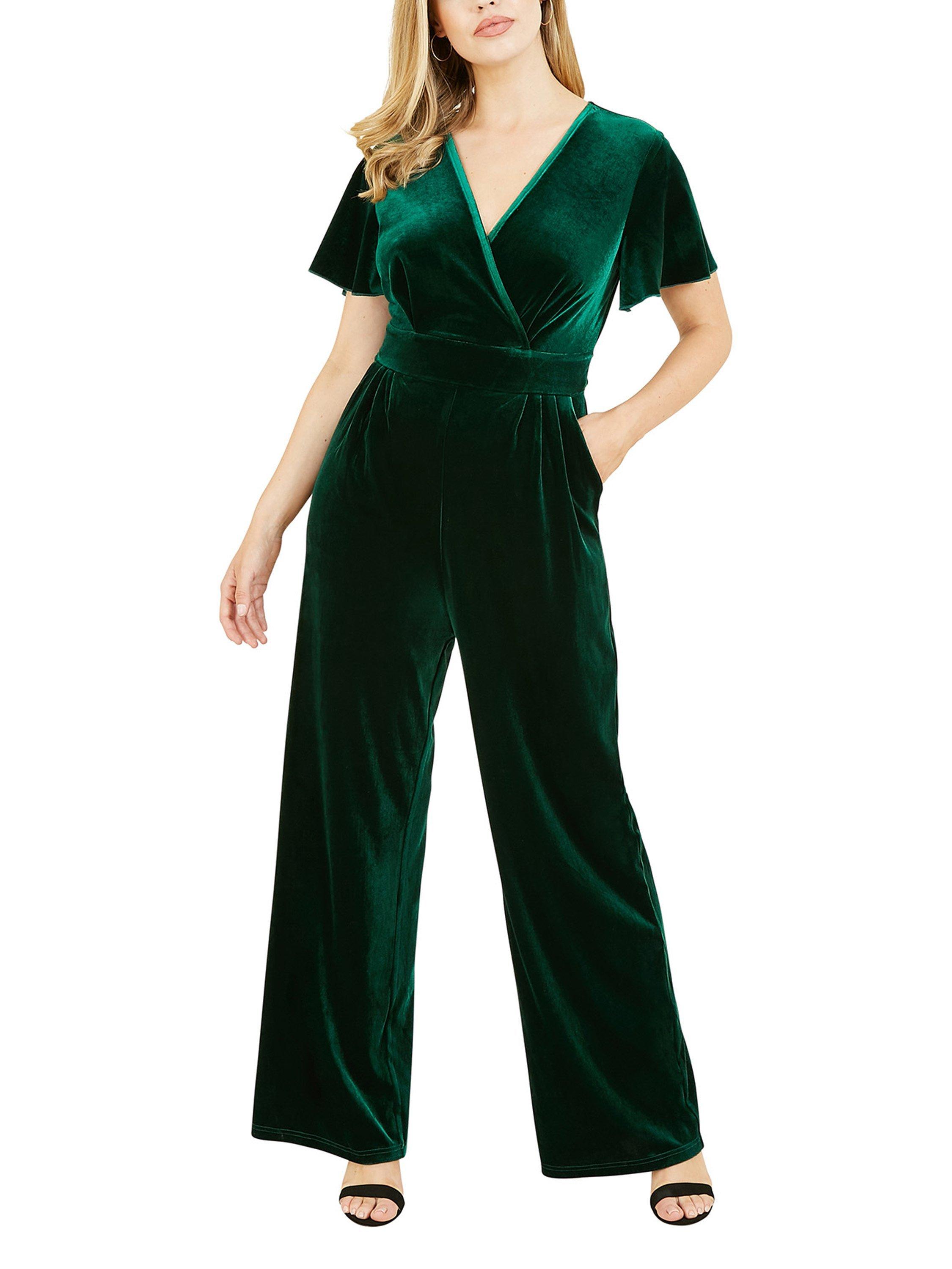 Product image 1 of 4, which shows Yumi Angel Sleeve Velvet Jumpsuit, Green, 8