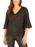Yumi Flute Sleeve Sequin Top, Black
