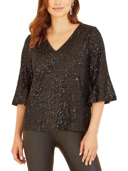 Yumi Flute Sleeve Sequin Top, Black