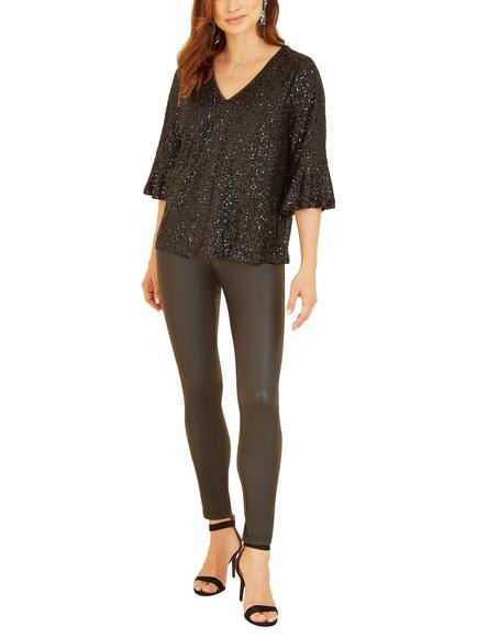 Yumi Flute Sleeve Sequin Top - view 2, Black