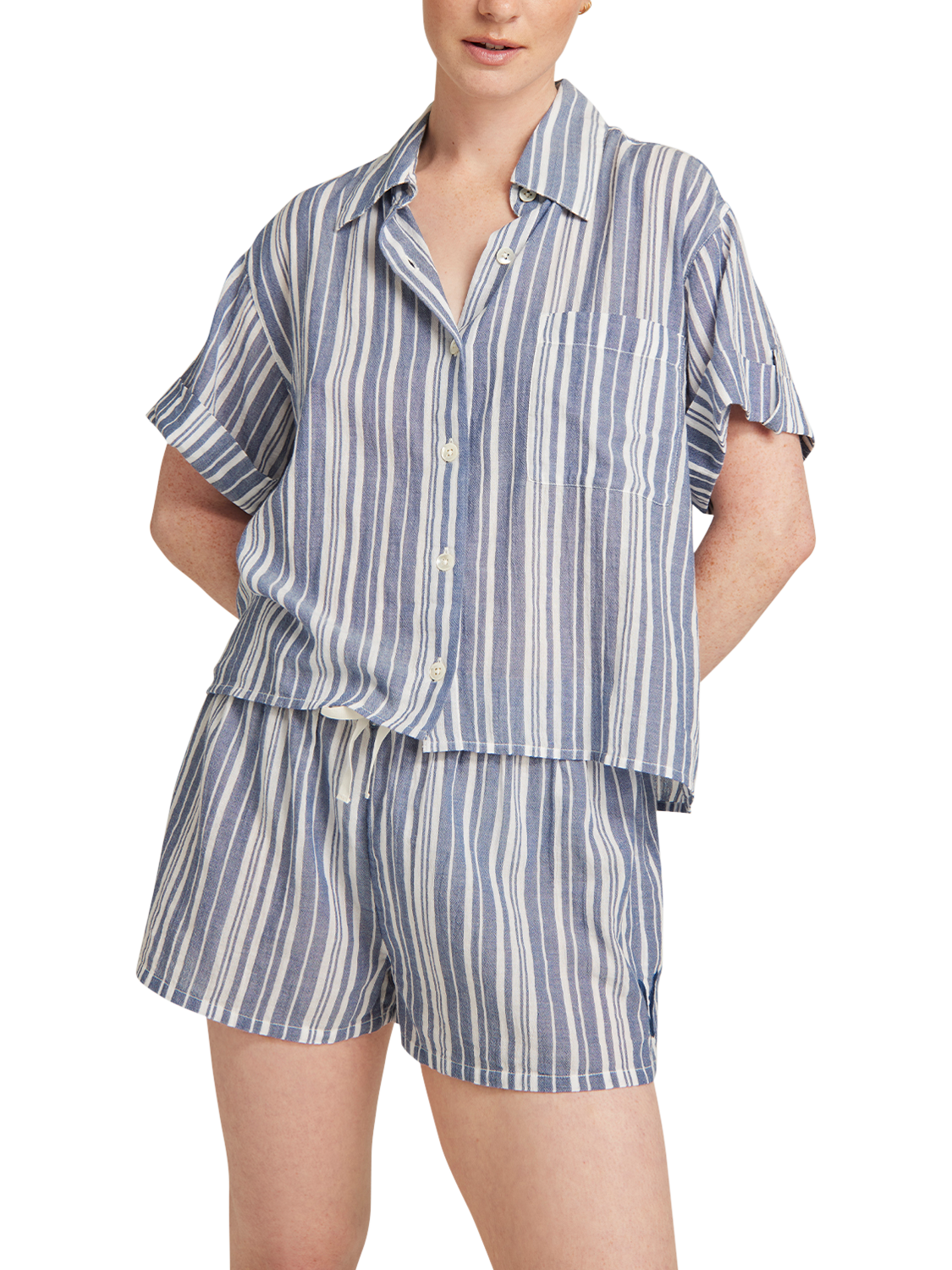 Product image 1 of 5, which shows Nudea GOTS Organic Cotton Stripe Short Sleeve Pyjama Shirt, White/Navy, XS