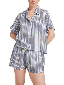 Nudea GOTS Organic Cotton Stripe Short Sleeve Pyjama Shirt, White/Navy