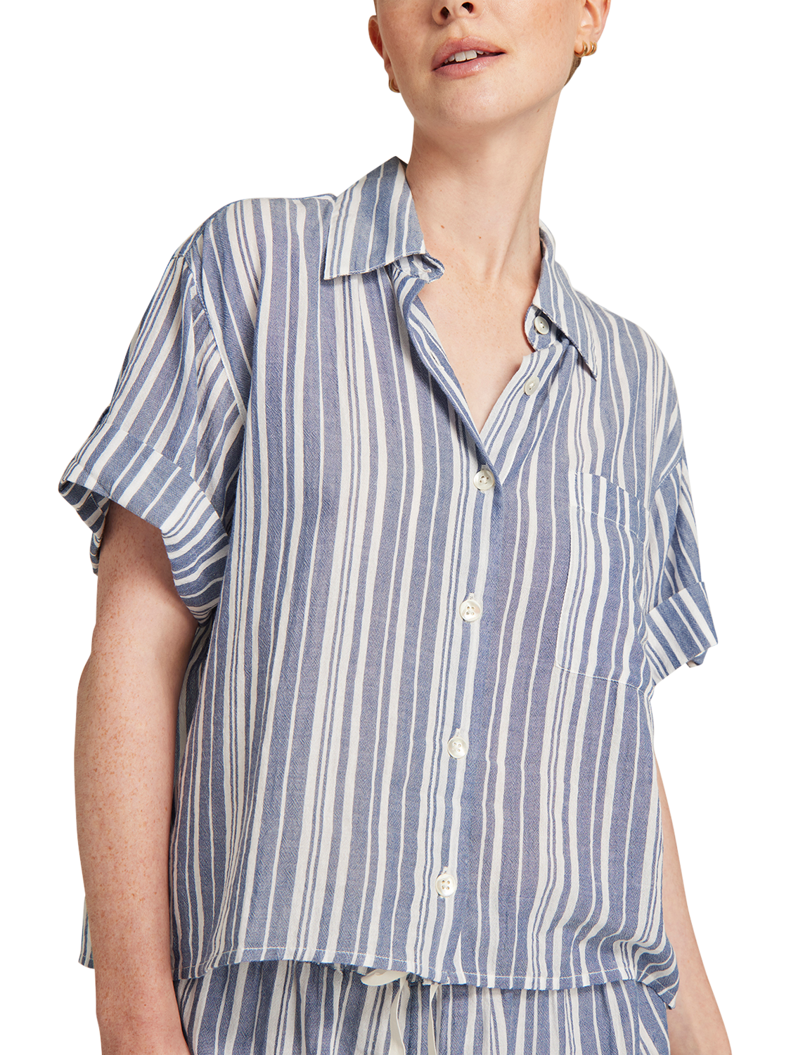 Product image 2 of 5, which shows Nudea GOTS Organic Cotton Stripe Short Sleeve Pyjama Shirt, White/Navy, XS