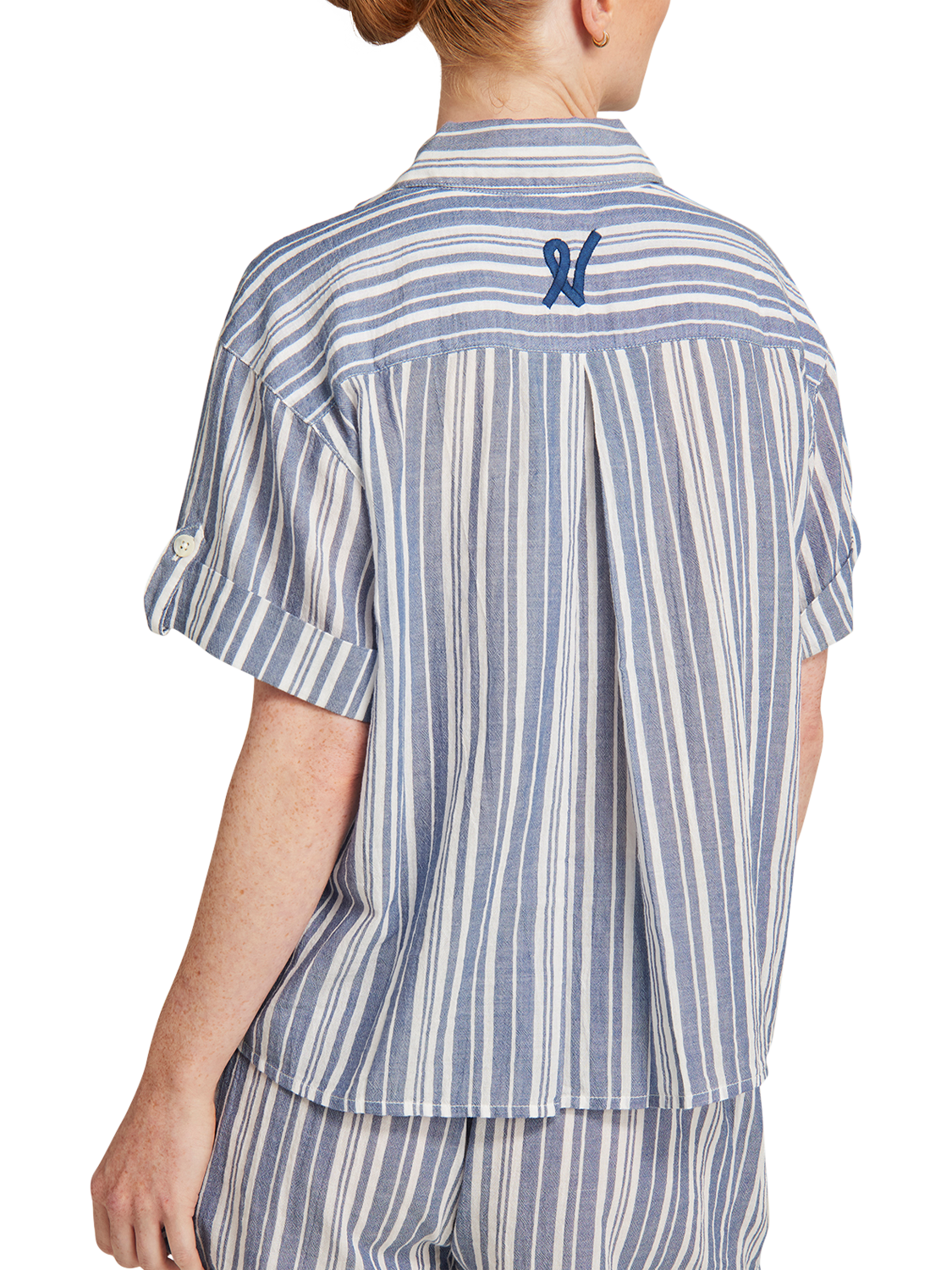 Product image 3 of 5, which shows Nudea GOTS Organic Cotton Stripe Short Sleeve Pyjama Shirt, White/Navy, XS