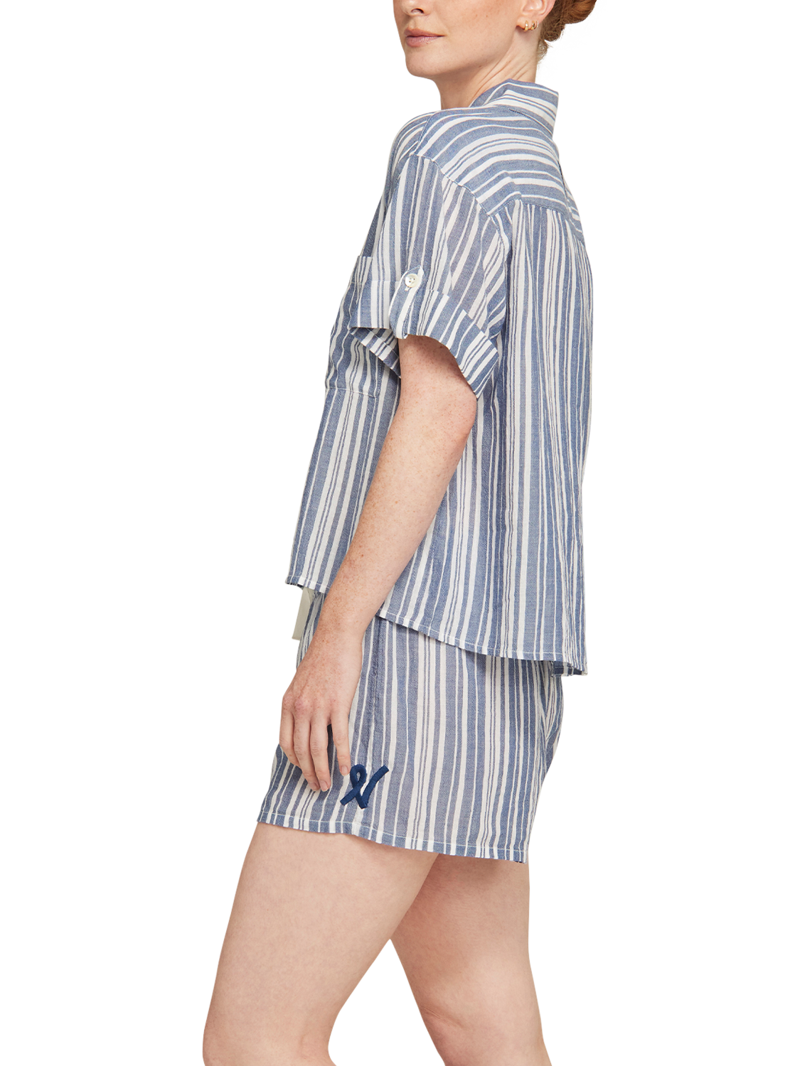 Product image 4 of 5, which shows Nudea GOTS Organic Cotton Stripe Short Sleeve Pyjama Shirt, White/Navy, XS