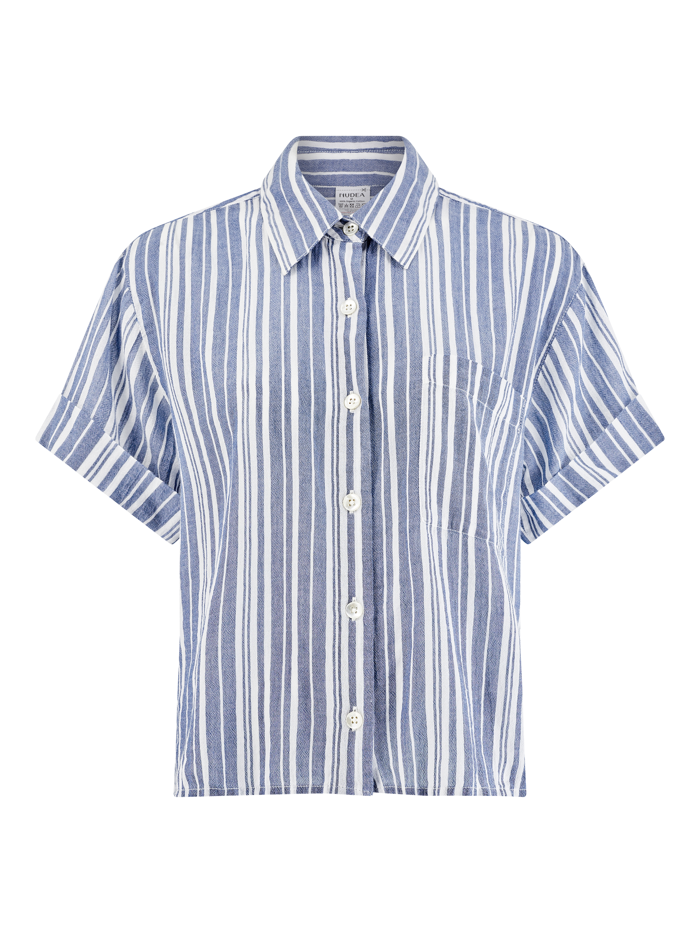 Product image 5 of 5, which shows Nudea GOTS Organic Cotton Stripe Short Sleeve Pyjama Shirt, White/Navy, XS