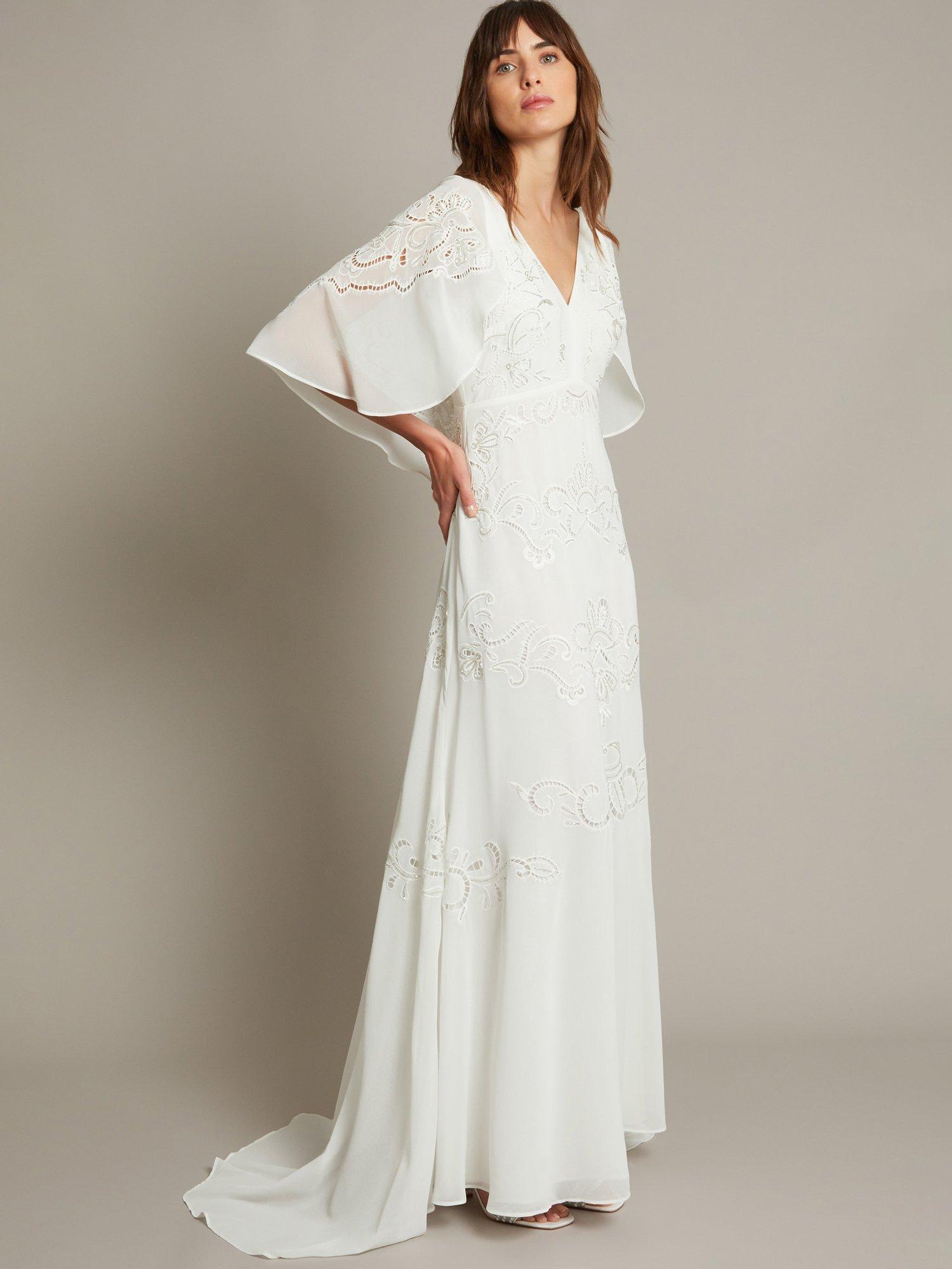 Product image 1 of 5, which shows Monsoon Cali Embellished Cape Sleeve Wedding Dress, Ivory, 6