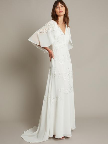 Monsoon Cali Embellished Cape Sleeve Wedding Dress, Ivory, Ivory