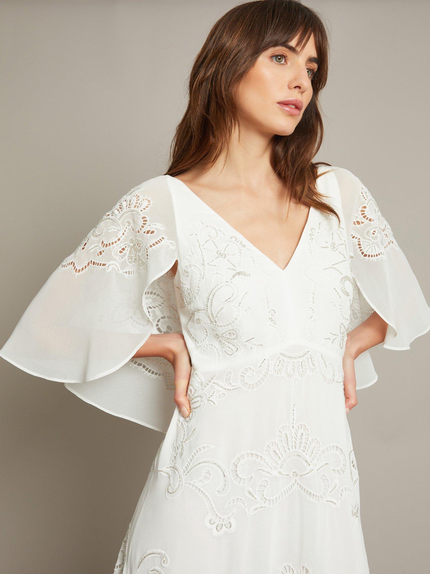 Product image 5 of 5, which shows Monsoon Cali Embellished Cape Sleeve Wedding Dress, Ivory, 6