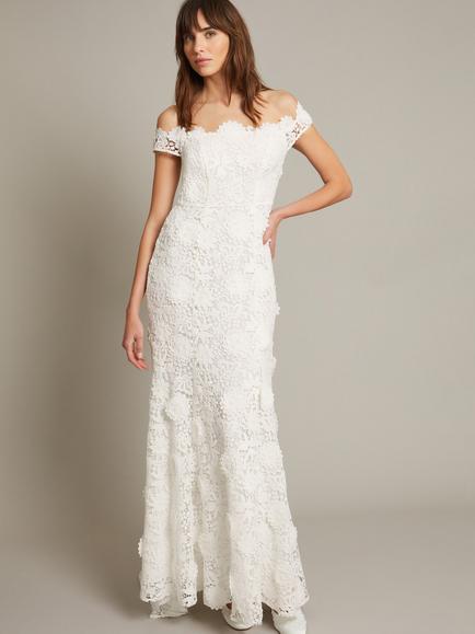 Monsoon Clare Floral Embroidered Wedding Dress, Ivory, Ivory