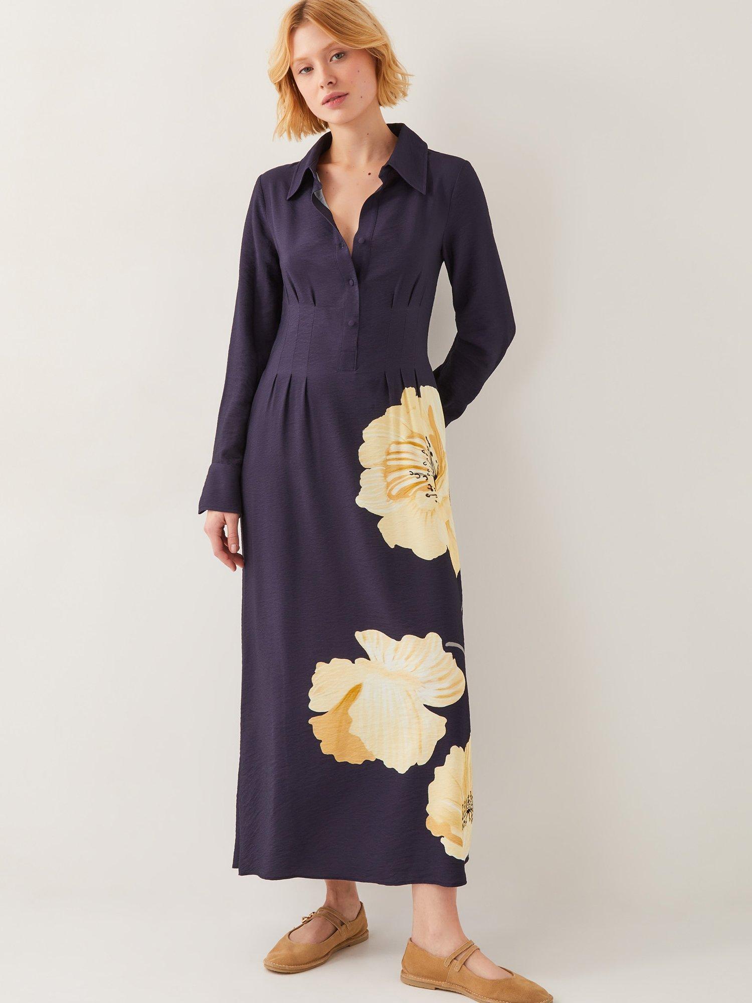 Product image 1 of 5, which shows Monsoon Fearne Flower Shirt Dress, Navy, 8