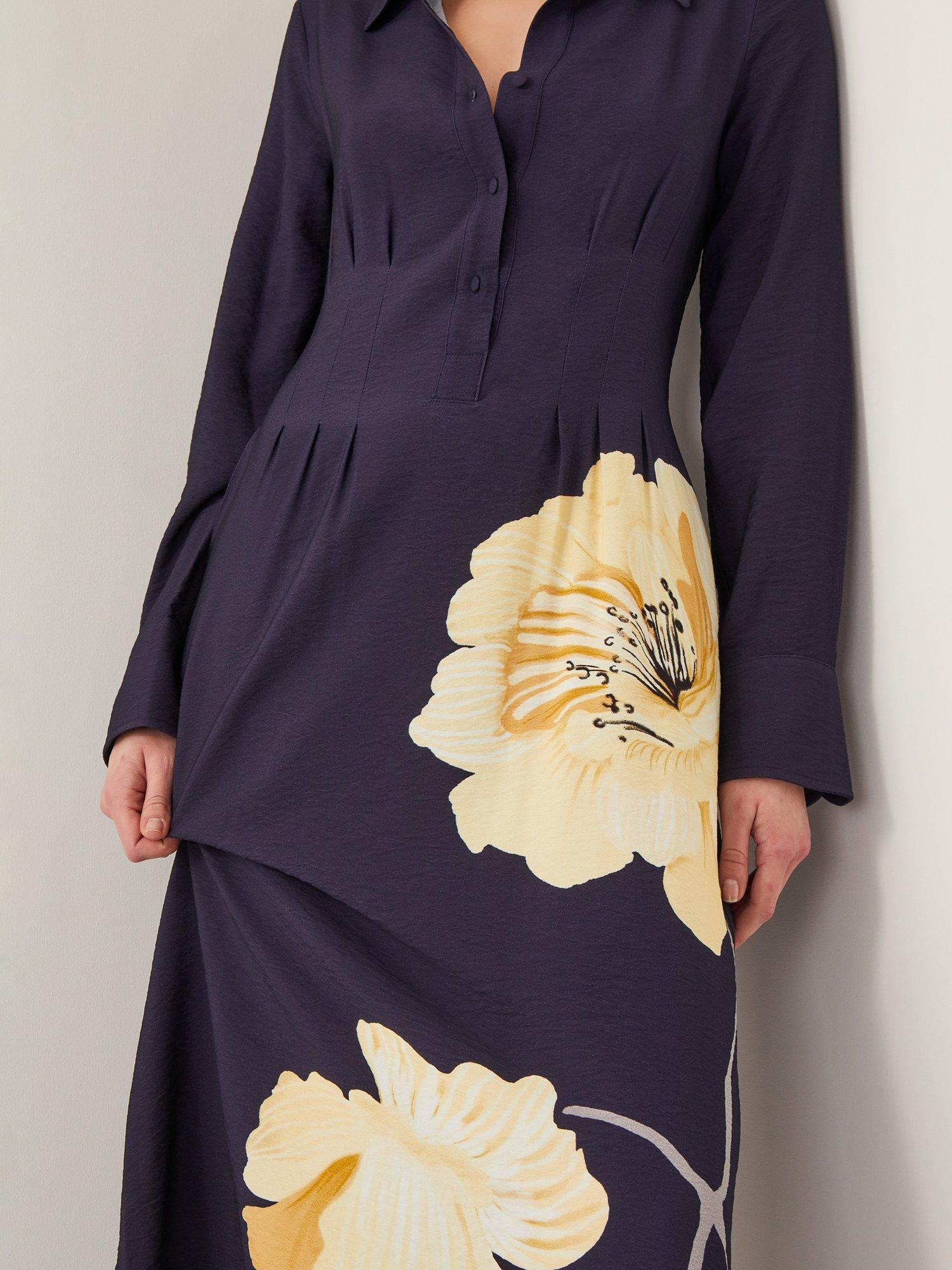 Product image 3 of 5, which shows Monsoon Fearne Flower Shirt Dress, Navy, 8