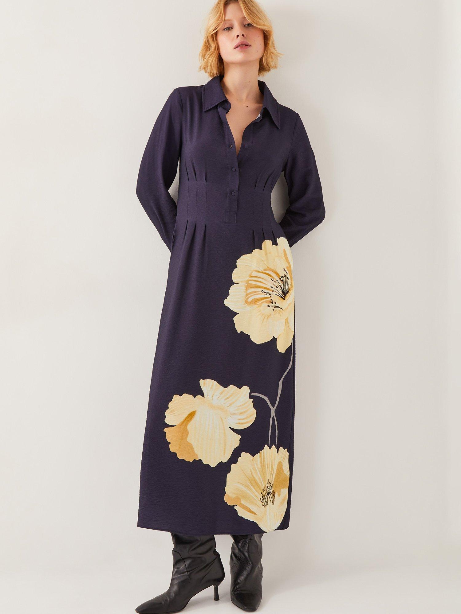 Product image 5 of 5, which shows Monsoon Fearne Flower Shirt Dress, Navy, 8
