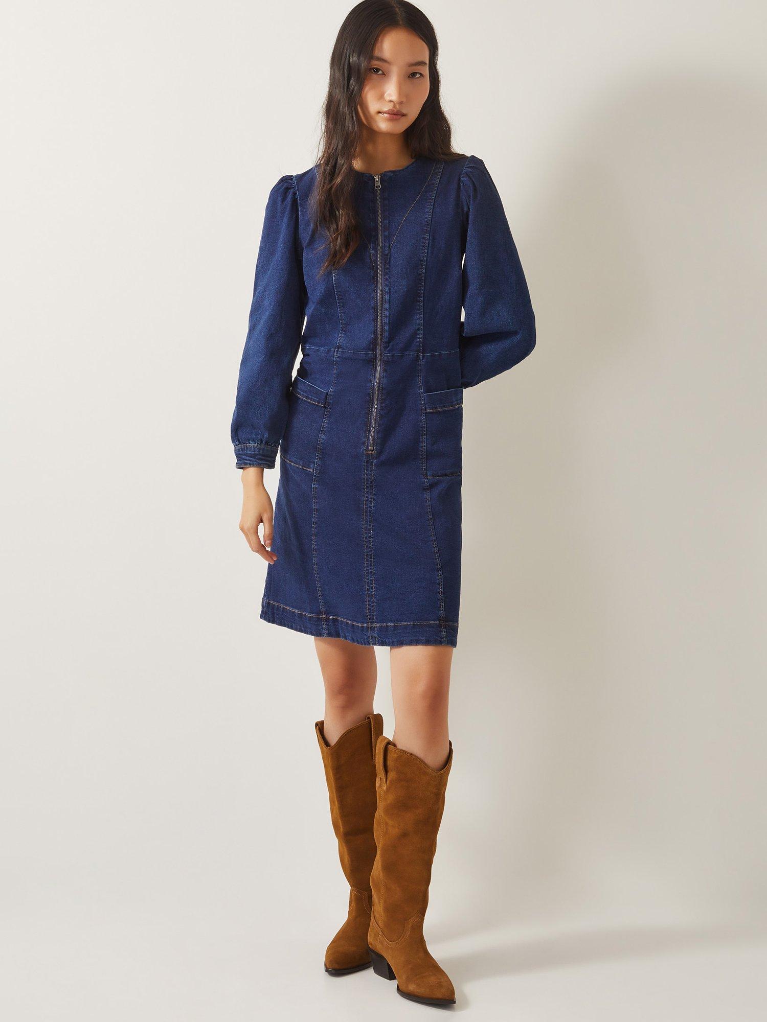Product image 1 of 4, which shows Monsoon Katlyn Zip Denim Dress, Mid Authentic Blue, 18