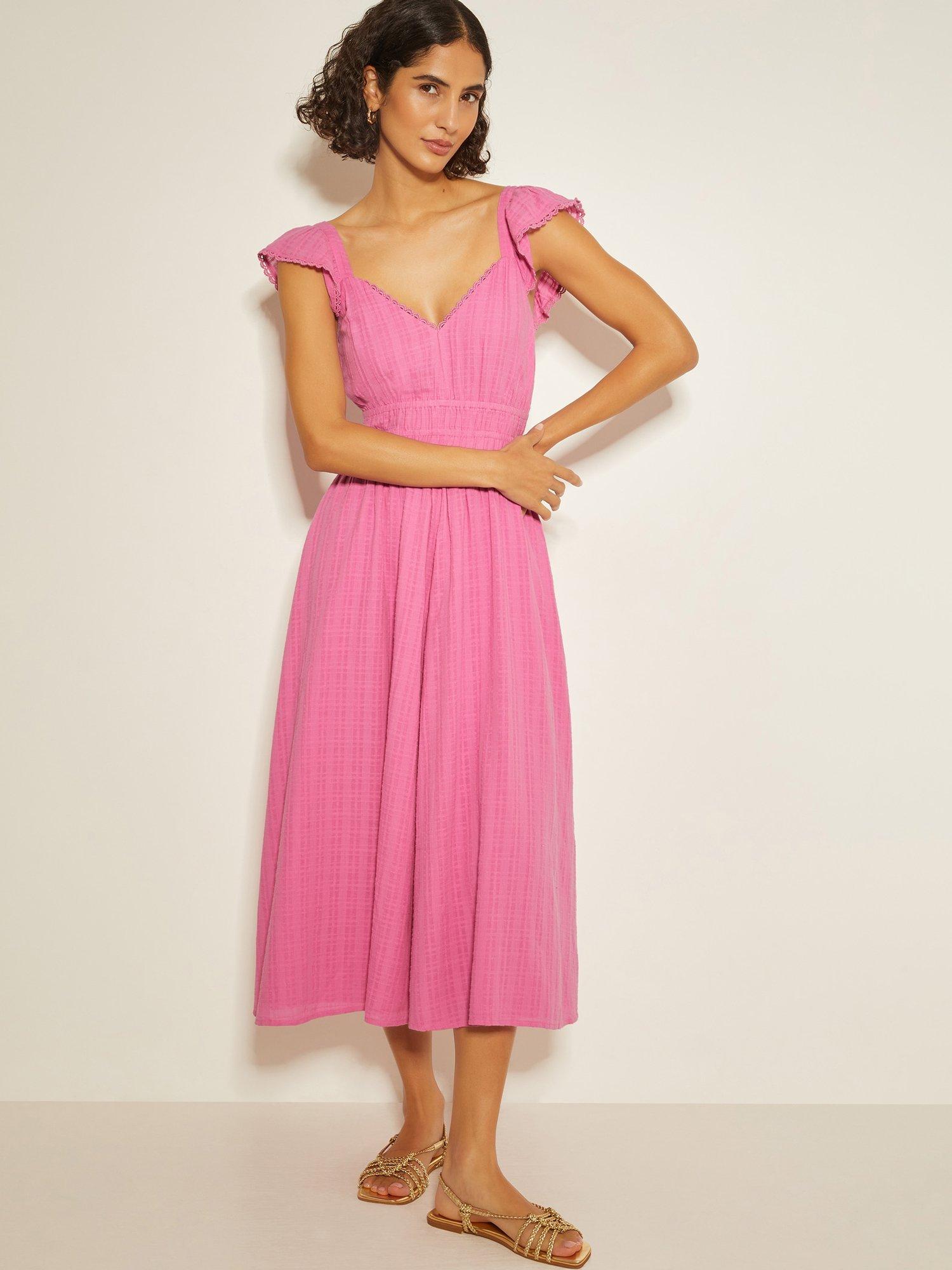 Product image 1 of 5, which shows Monsoon Marlee Ruffle Midi Sun Dress, Pink, S