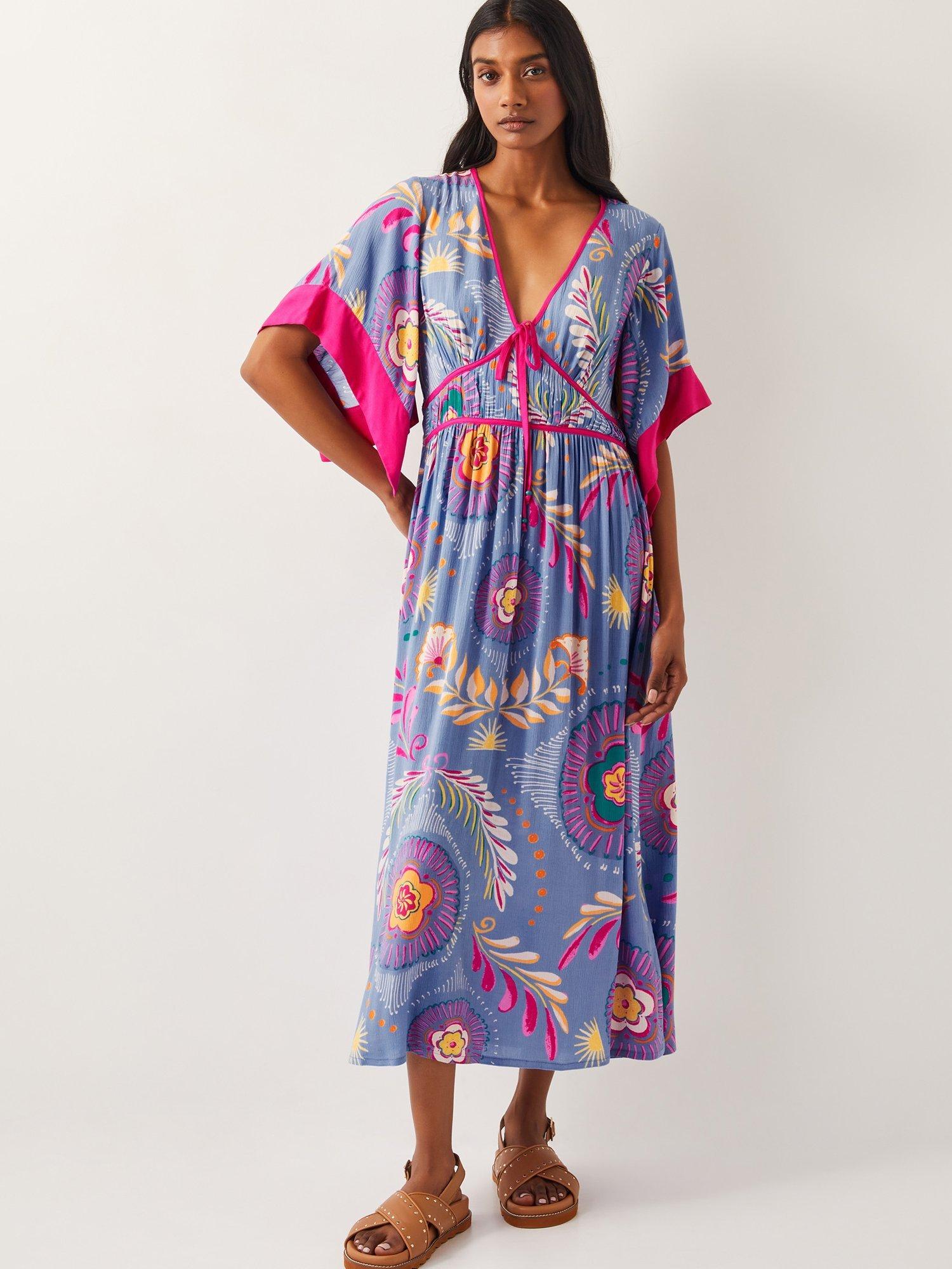 Product image 1 of 5, which shows Monsoon Monika Graphic Floral Dress, Blue/Multi, S
