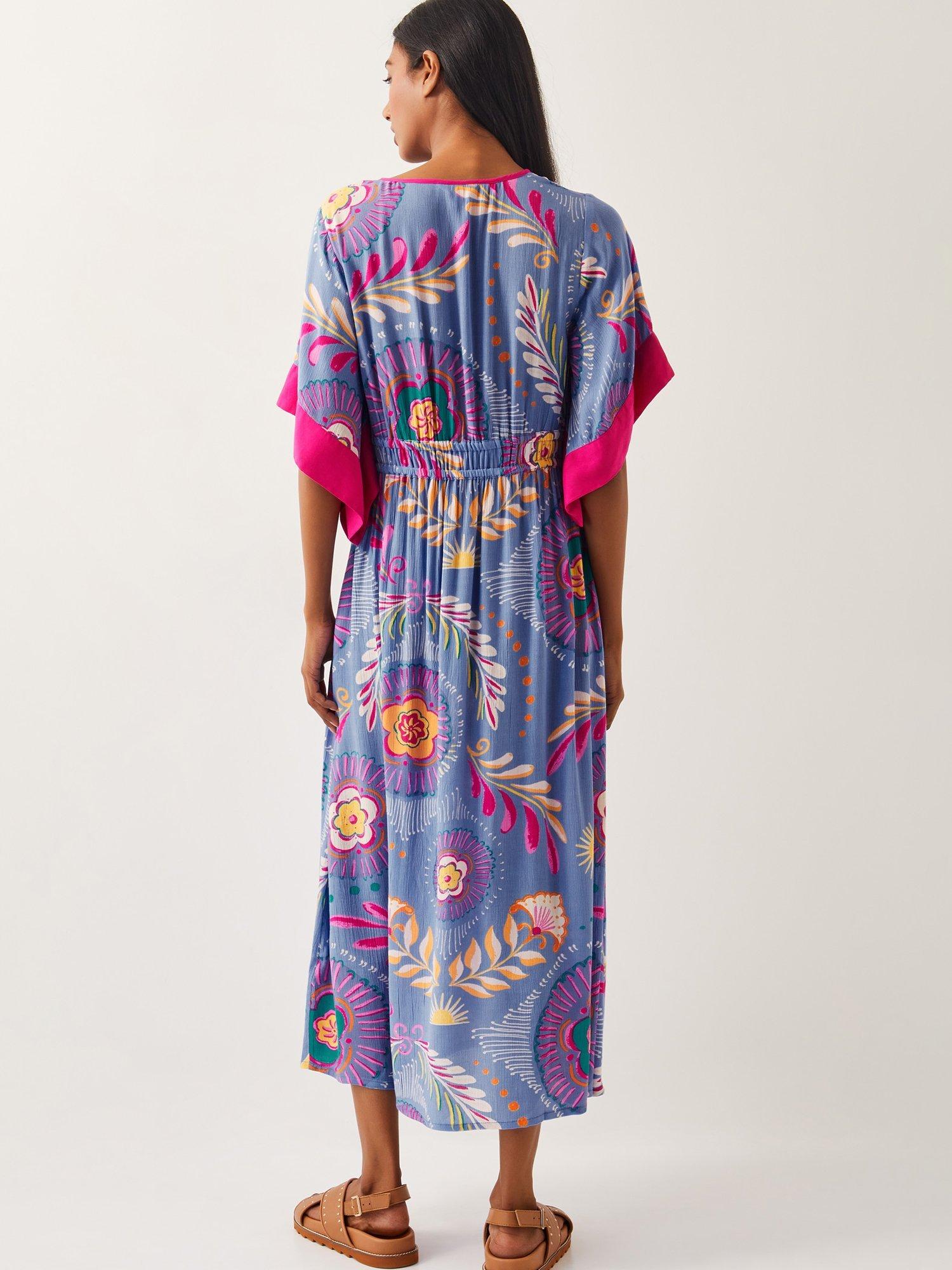Product image 2 of 5, which shows Monsoon Monika Graphic Floral Dress, Blue/Multi, S