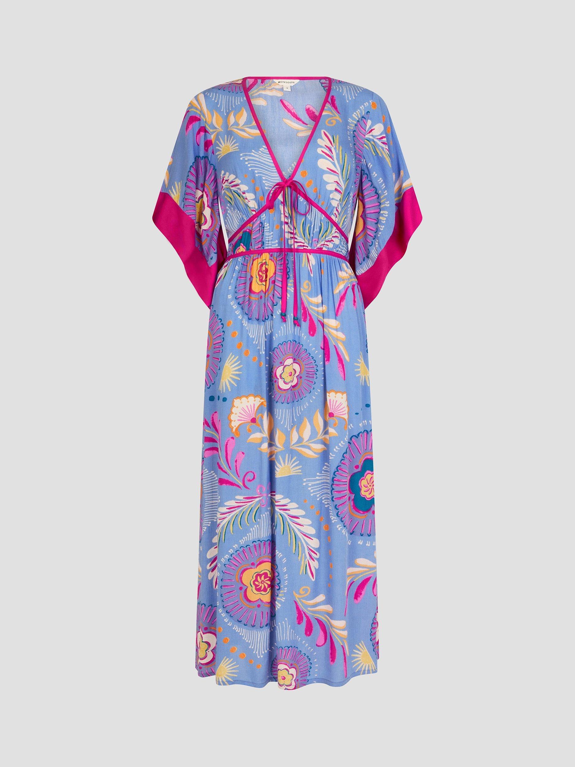 Product image 3 of 5, which shows Monsoon Monika Graphic Floral Dress, Blue/Multi, S