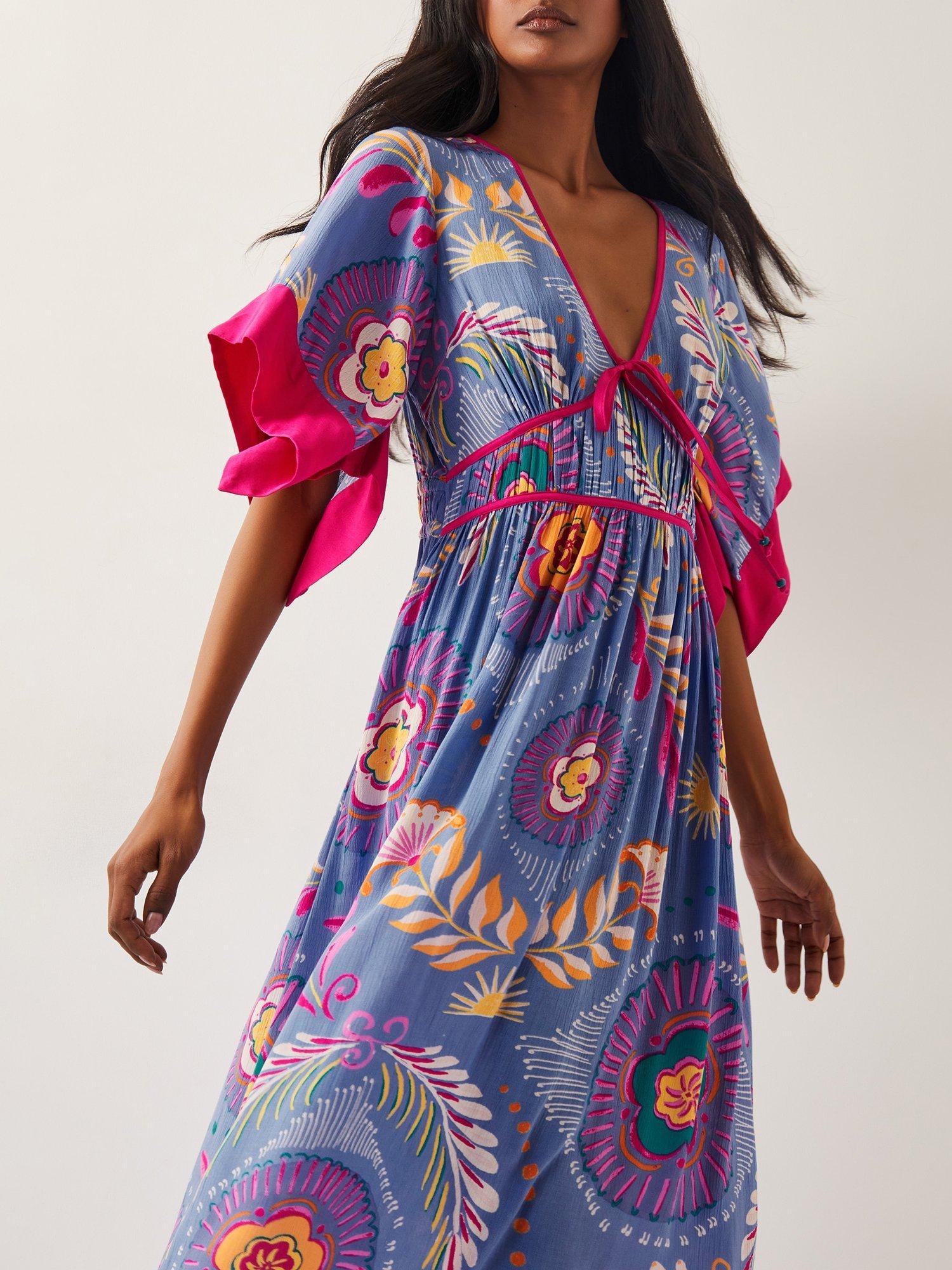 Product image 4 of 5, which shows Monsoon Monika Graphic Floral Dress, Blue/Multi, S