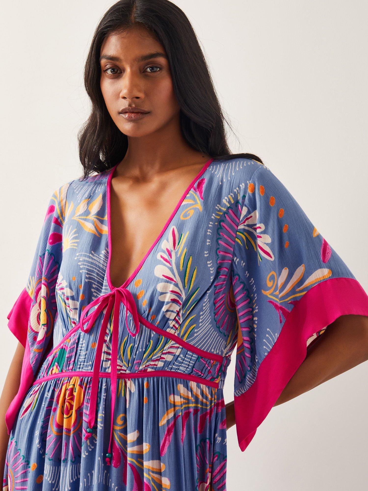 Product image 5 of 5, which shows Monsoon Monika Graphic Floral Dress, Blue/Multi, S