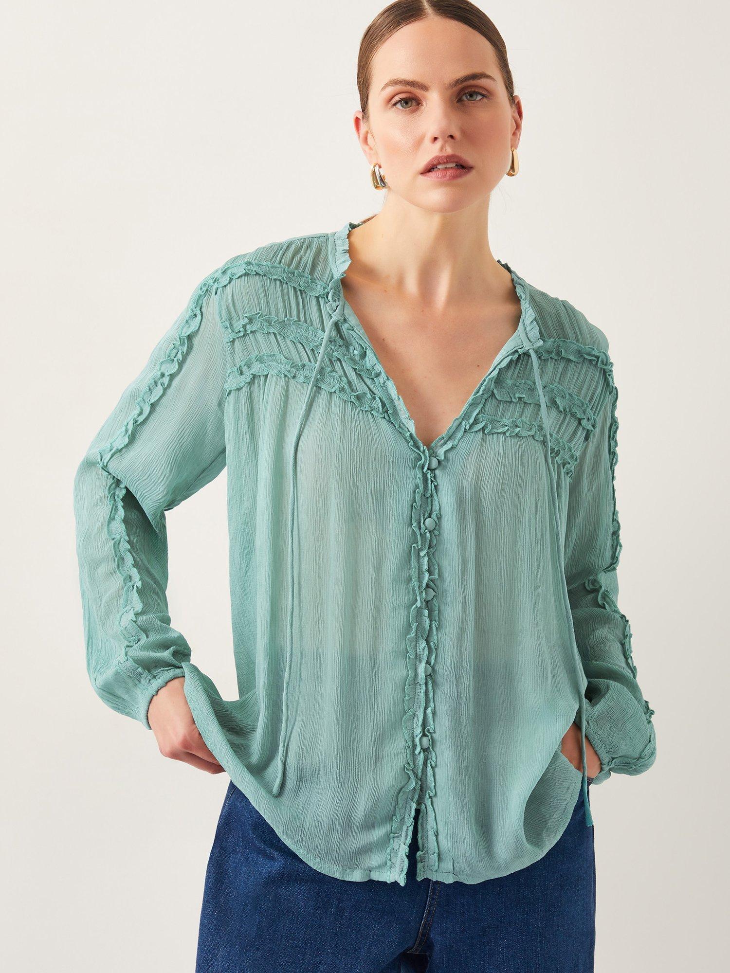 Product image 1 of 5, which shows Monsoon Juliet Ruffle Blouse, Sea Green, M