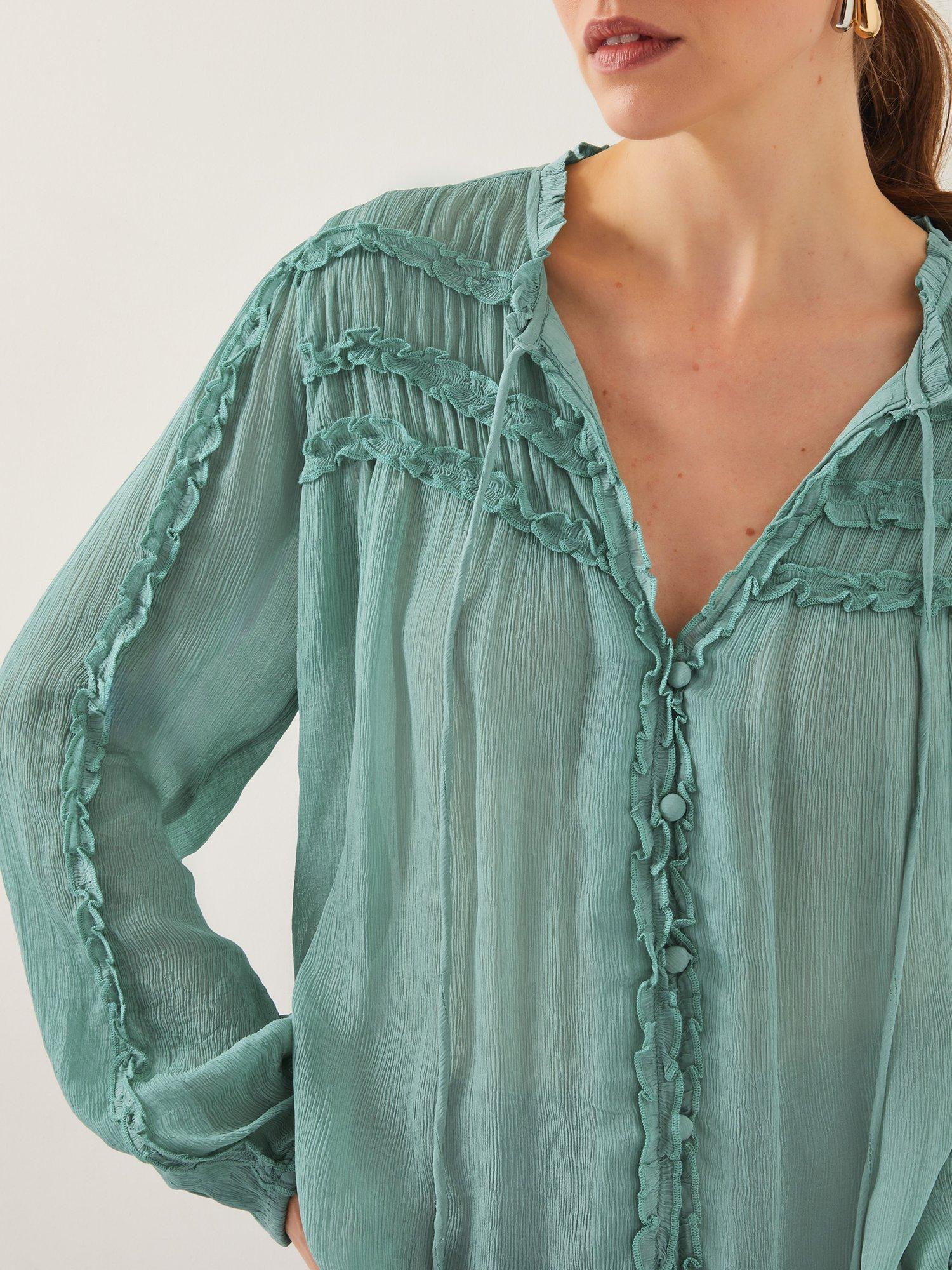 Product image 5 of 5, which shows Monsoon Juliet Ruffle Blouse, Sea Green, M