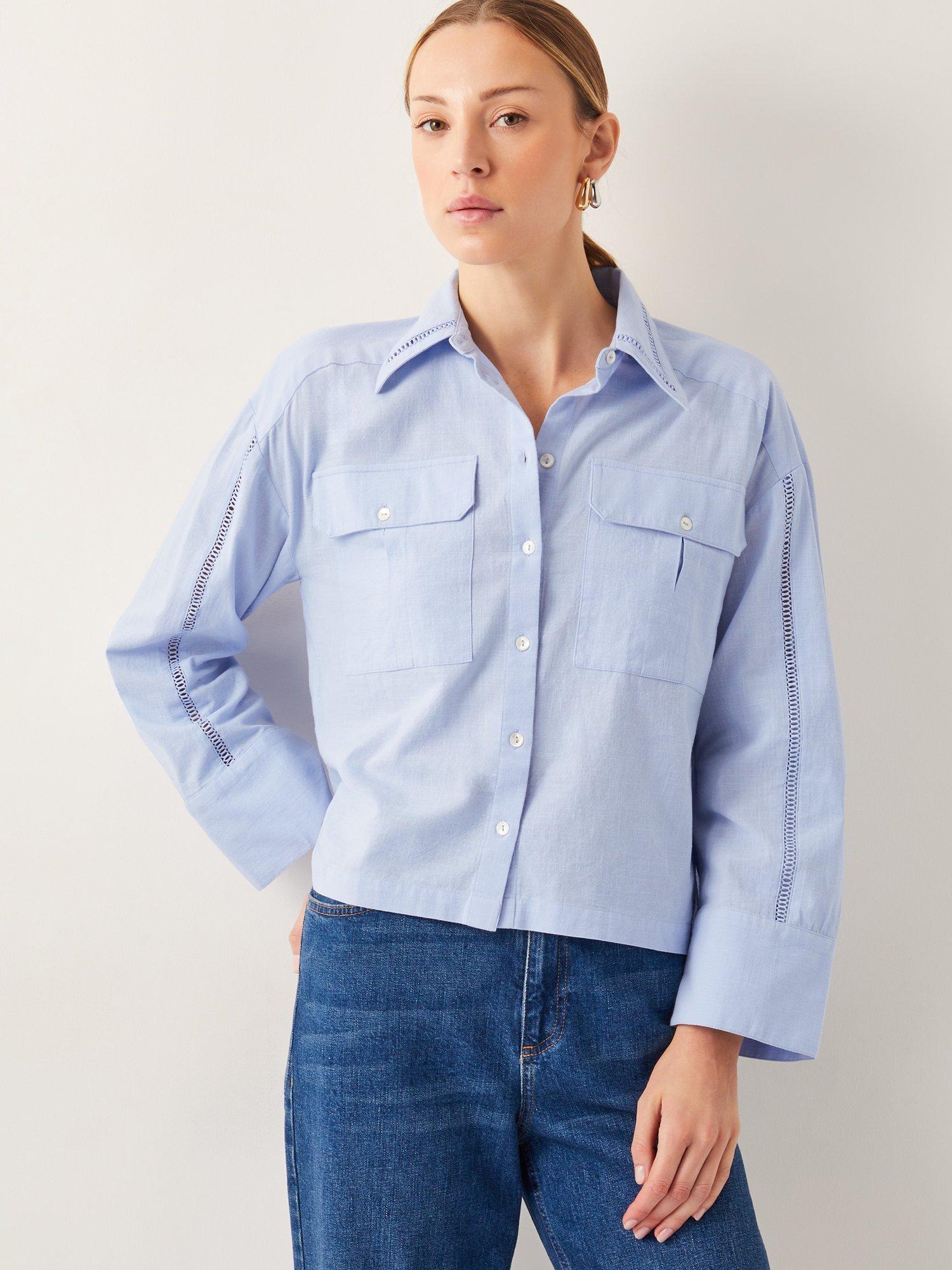 Product image 1 of 5, which shows Monsoon Lilah Cut Out Sleeve Shirt, Blue, M