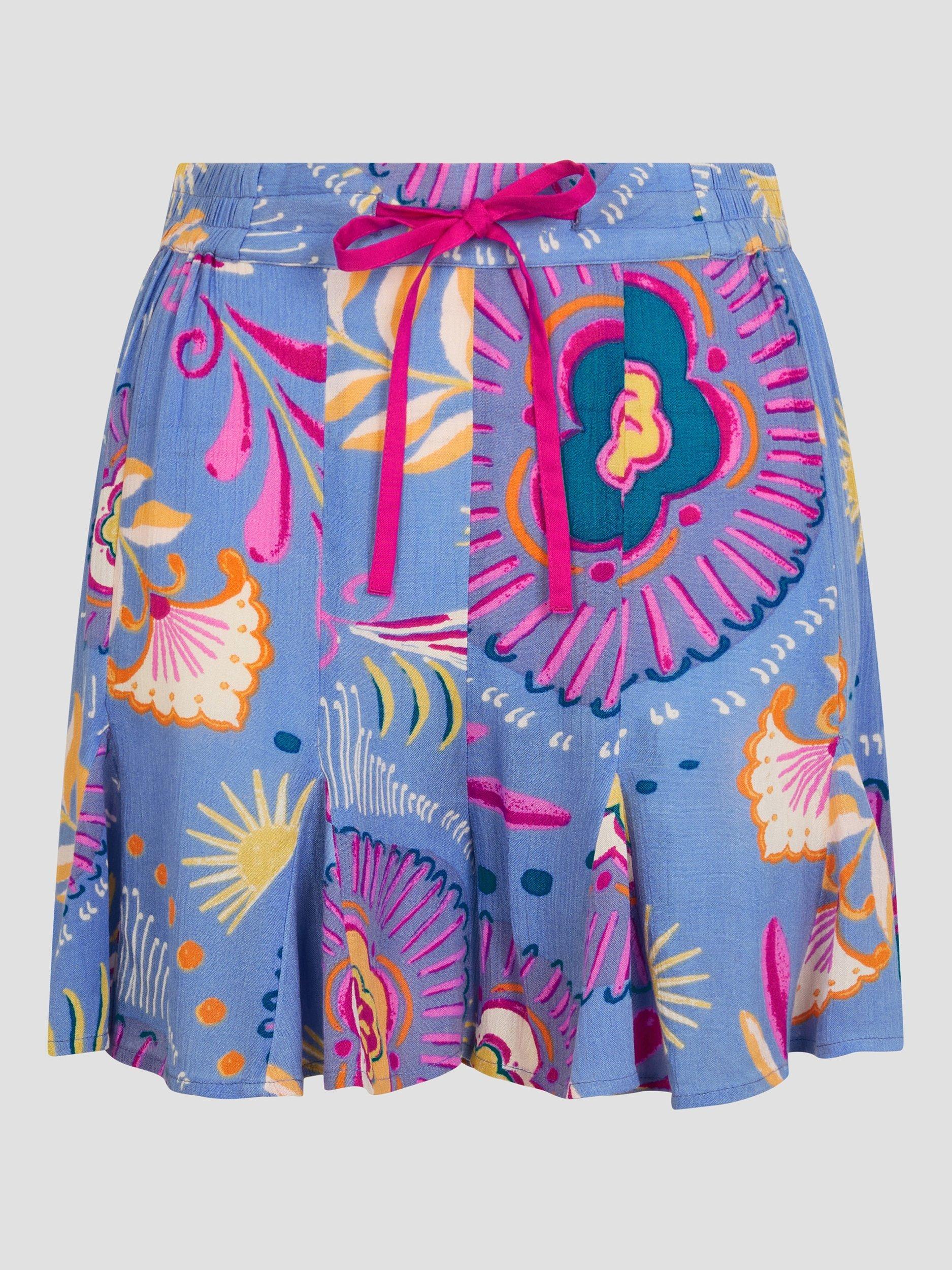 Product image 4 of 5, which shows Monsoon Monika Graphic Floral Shorts, Blue/Multi, S