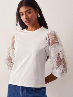 Monsoon Floral Sleeve Jersey Top, Ivory, Ivory