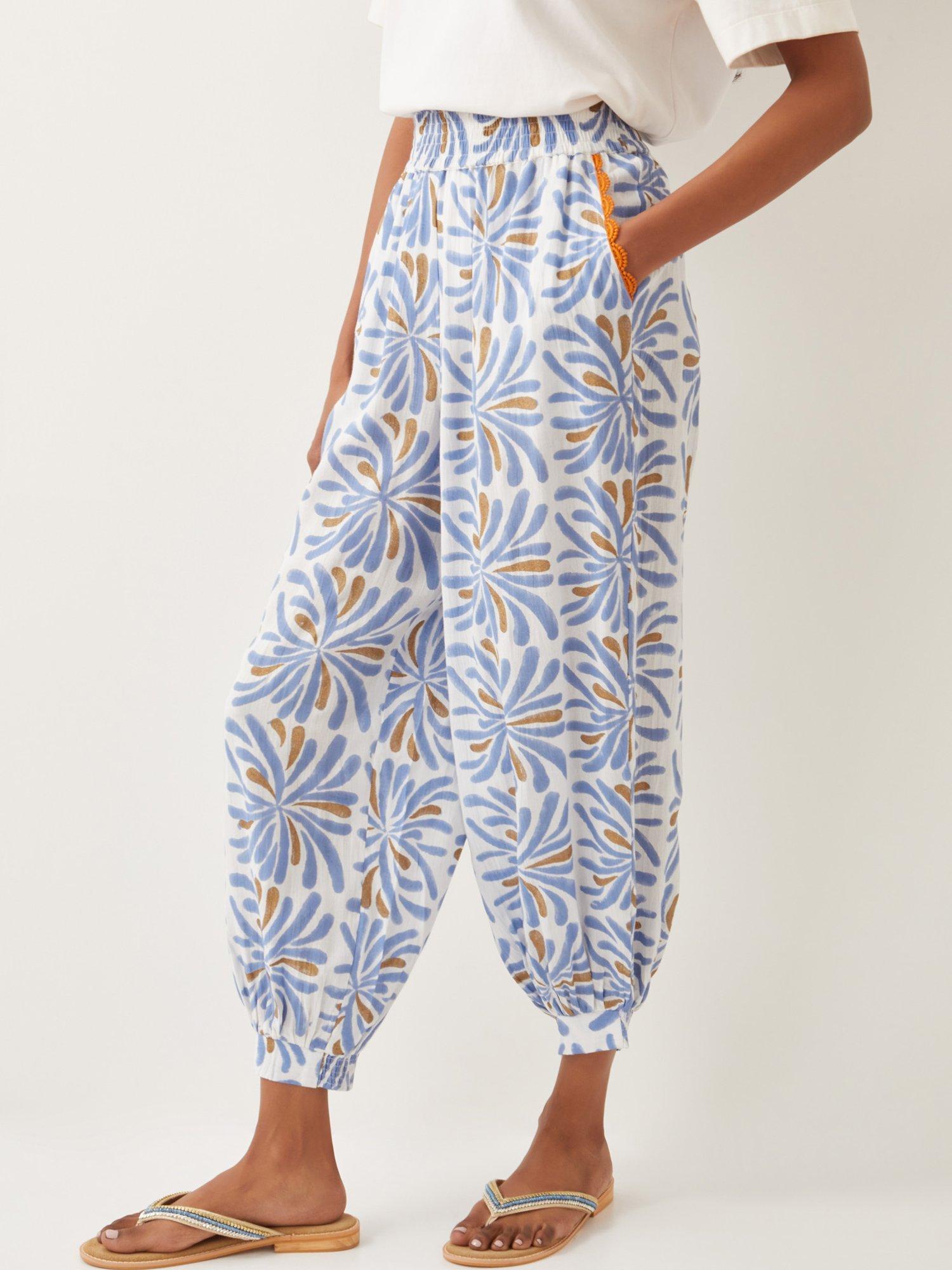 Product image 1 of 5, which shows Monsoon Cece Woodblock Trousers, Blue/Multi, S