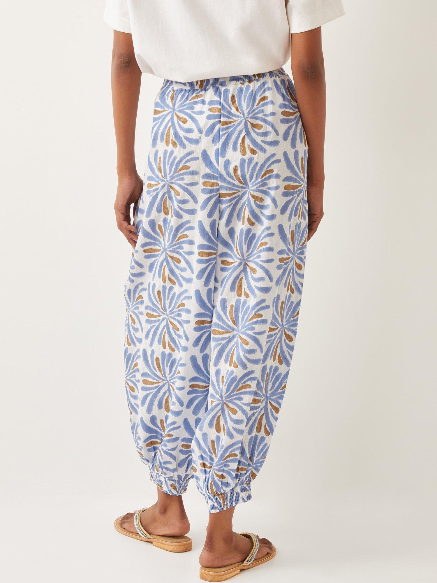 Product image 2 of 5, which shows Monsoon Cece Woodblock Trousers, Blue/Multi, S