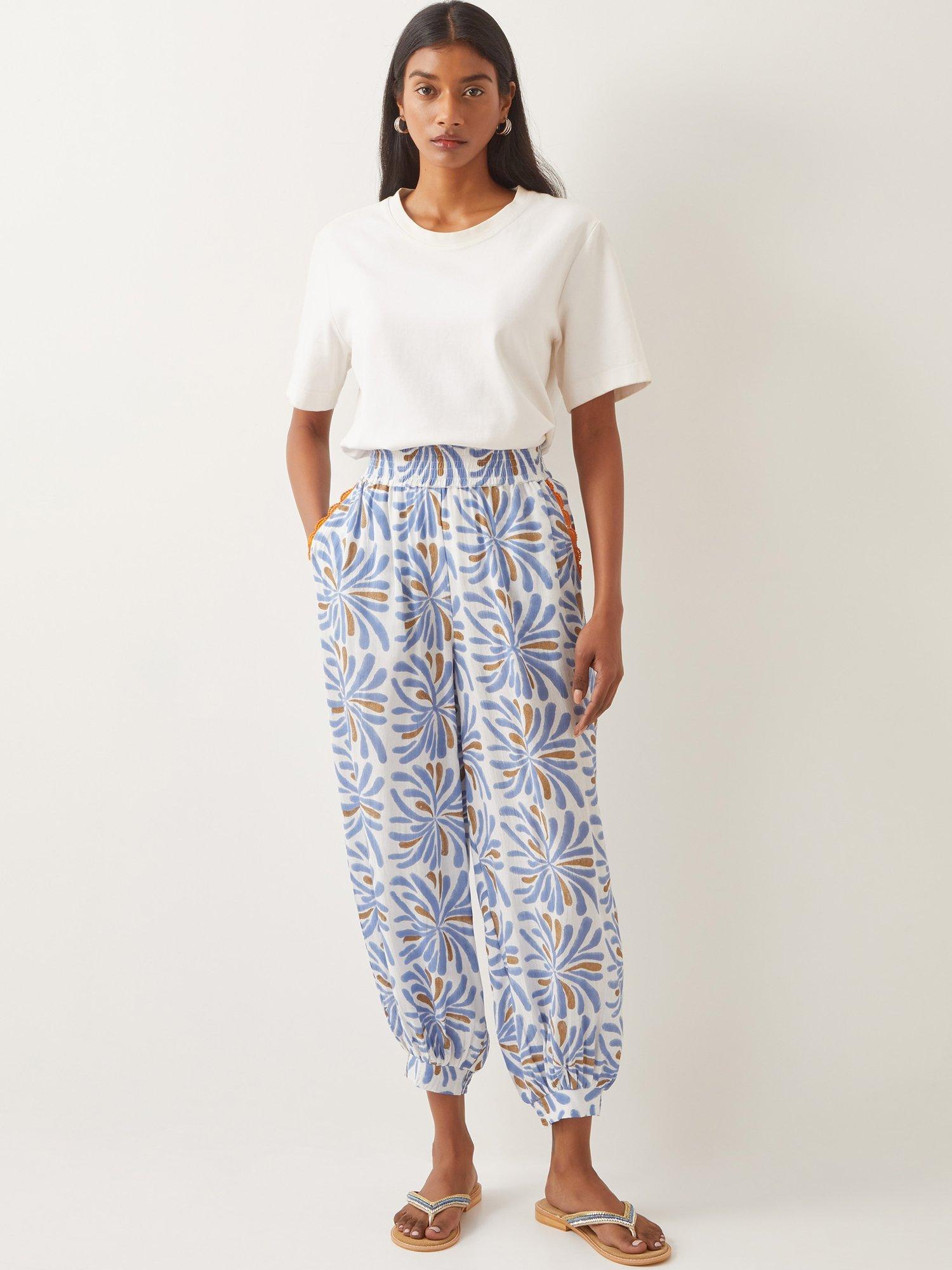 Product image 3 of 5, which shows Monsoon Cece Woodblock Trousers, Blue/Multi, S