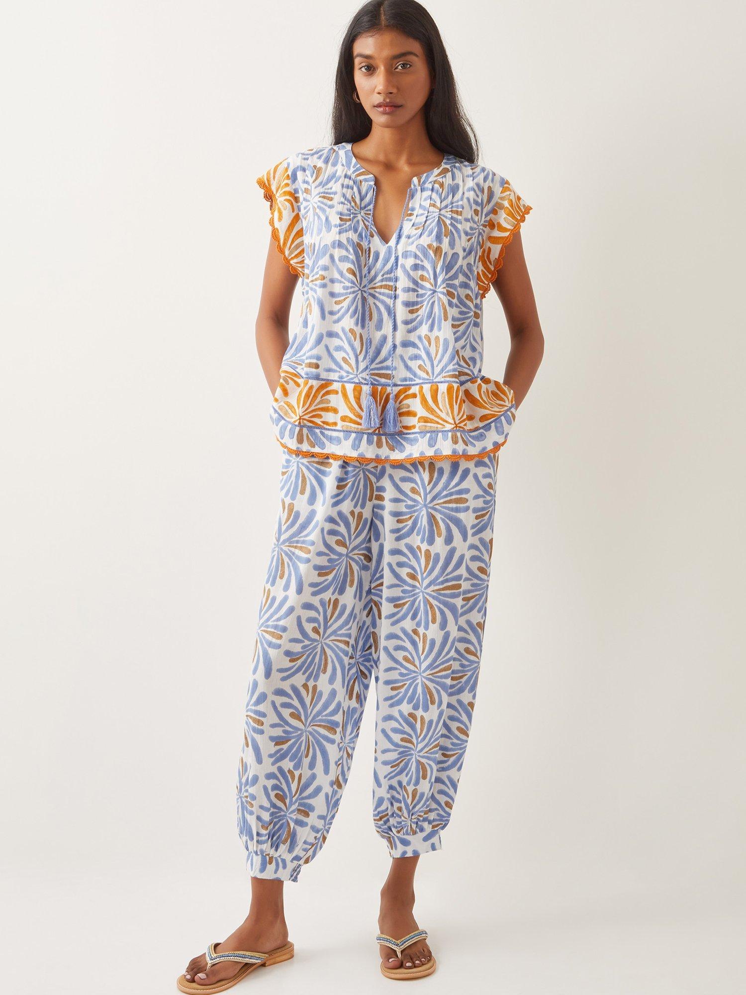 Product image 5 of 5, which shows Monsoon Cece Woodblock Trousers, Blue/Multi, S