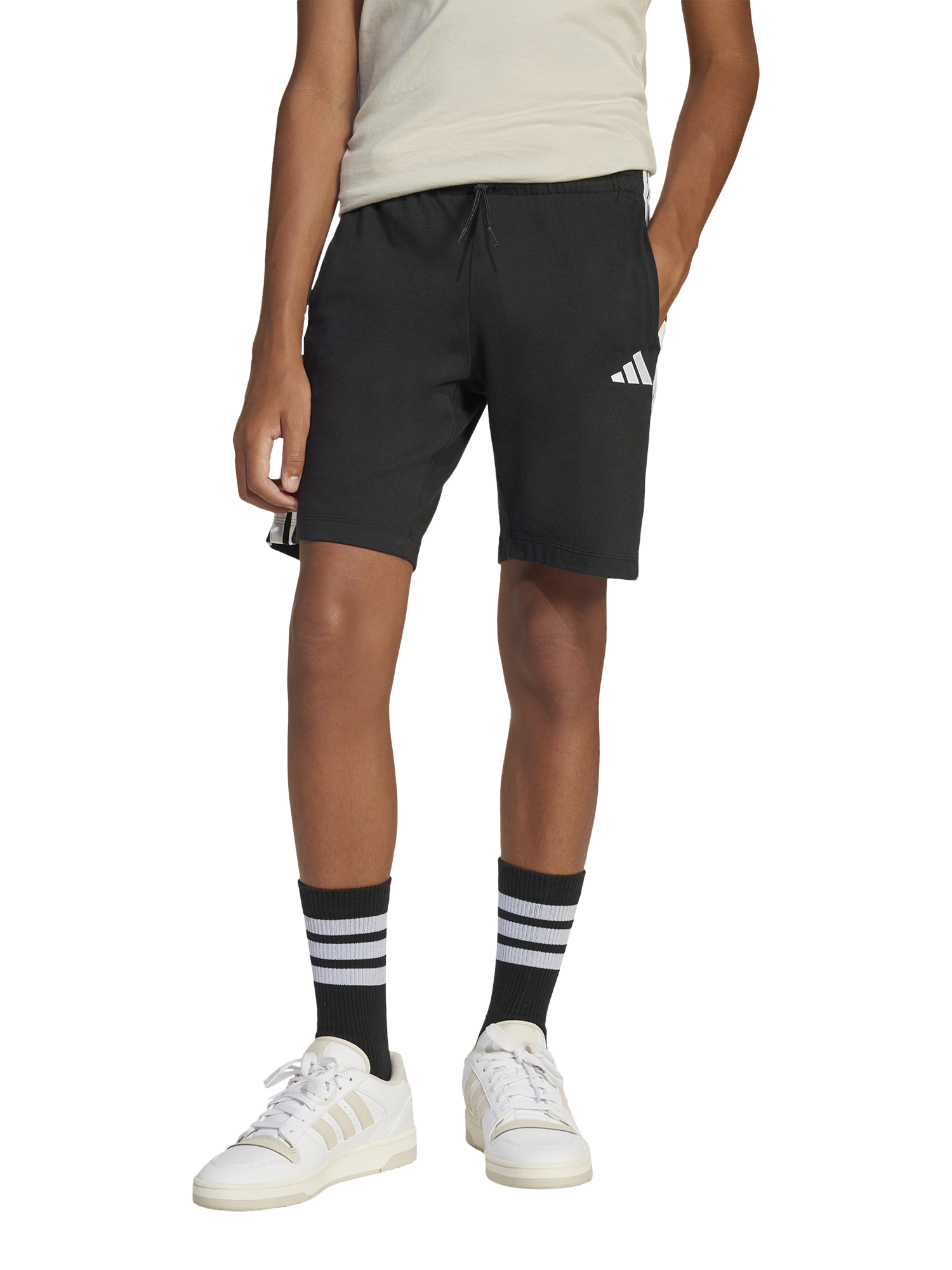 Product image 1 of 1, which shows adidas Kids' 3 Bar Shorts, Black/White, 7-8 years