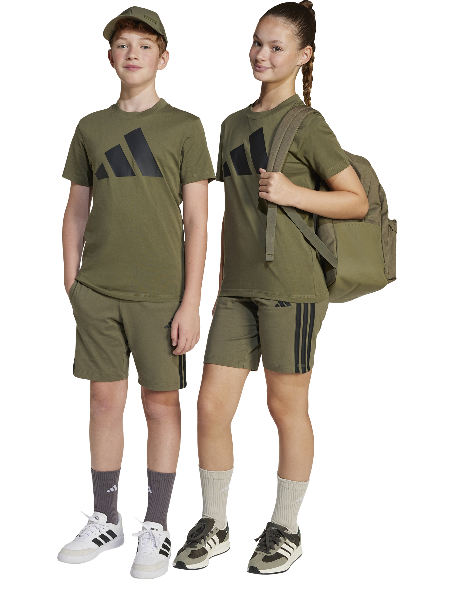 Product image 2 of 7, which shows adidas Kids' 3 Bar Logo Shorts, Olive/Black, 7-8 years