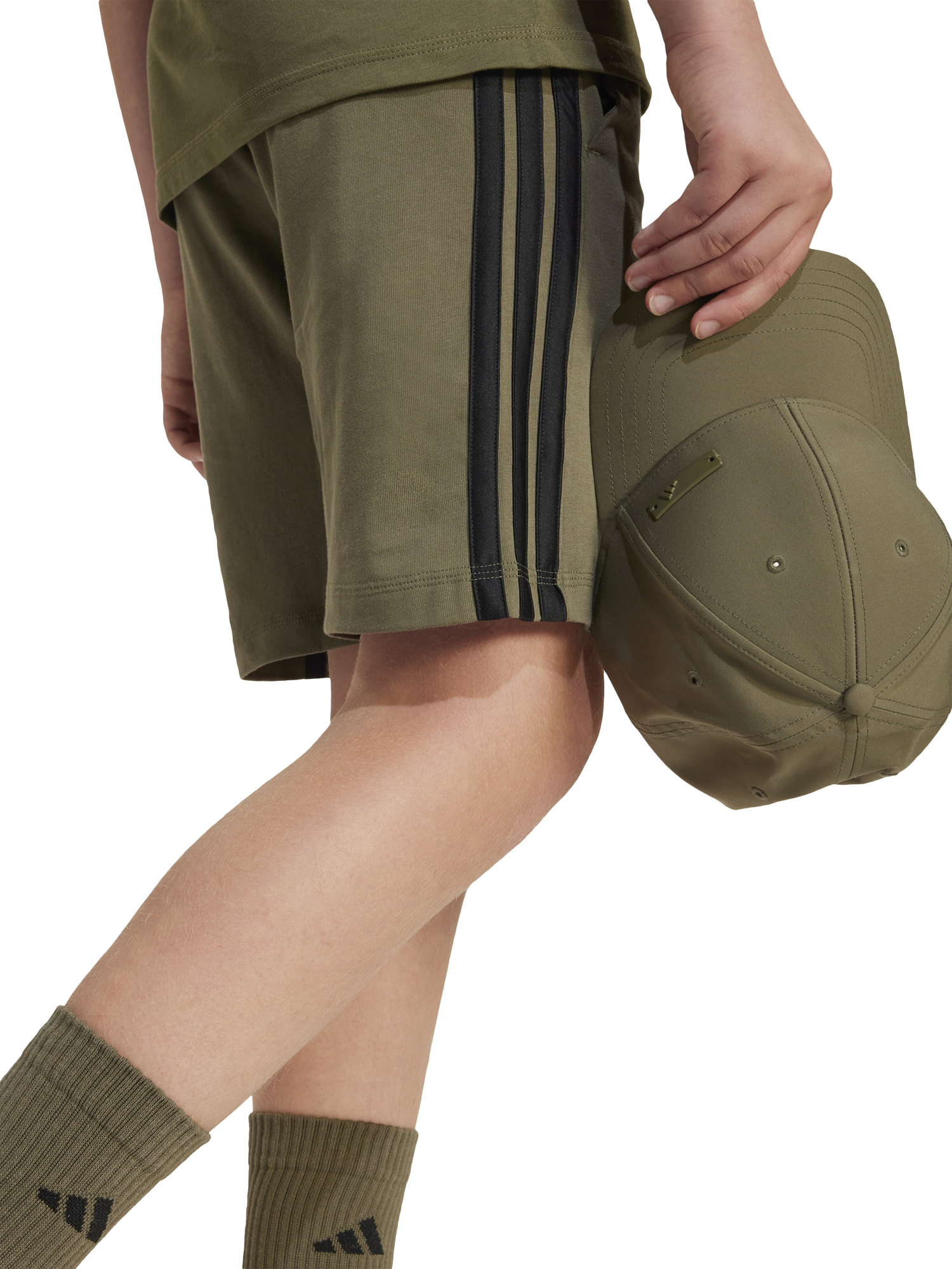 Product image 4 of 7, which shows adidas Kids' 3 Bar Logo Shorts, Olive/Black, 7-8 years