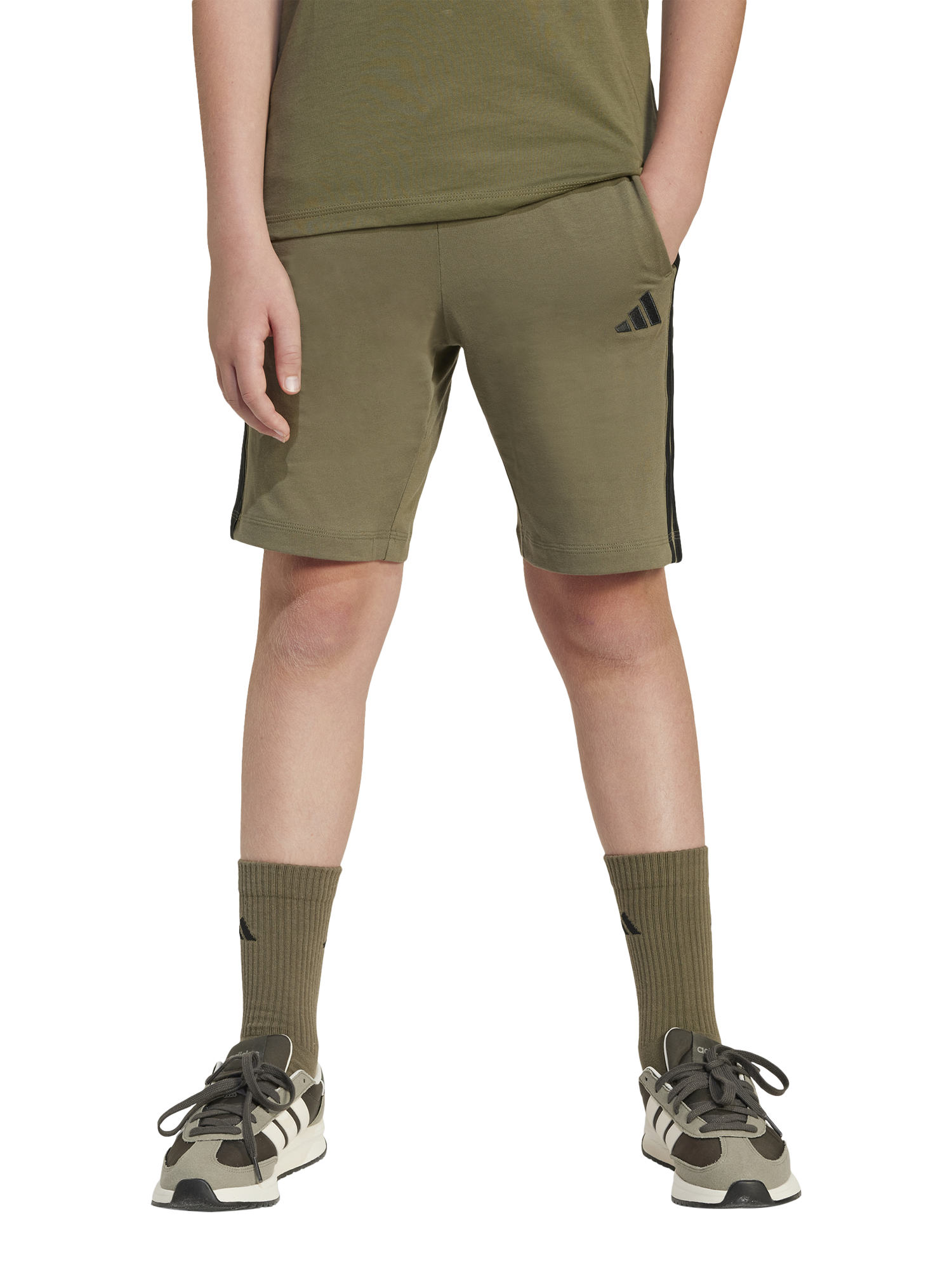 Product image 6 of 7, which shows adidas Kids' 3 Bar Logo Shorts, Olive/Black, 7-8 years
