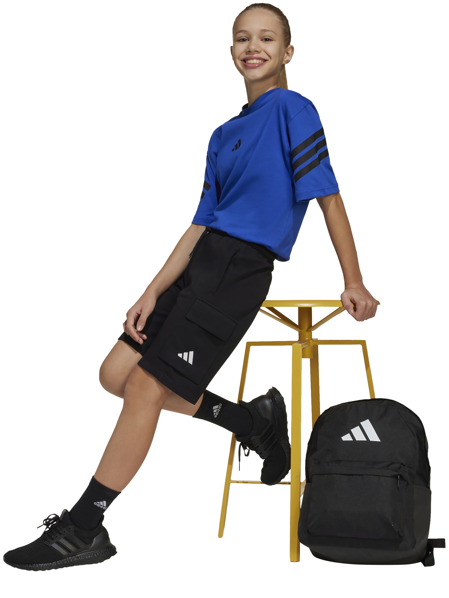 Product image 2 of 6, which shows adidas Kids' Logo Cargo Shorts, Black/White, 7-8 years