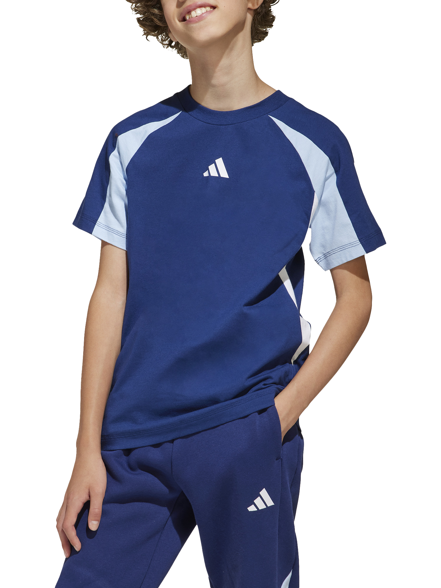 Product image 1 of 5, which shows adidas Kids' Cotton Colour Block T-Shirt, Dark Blue/White, 7-8 years
