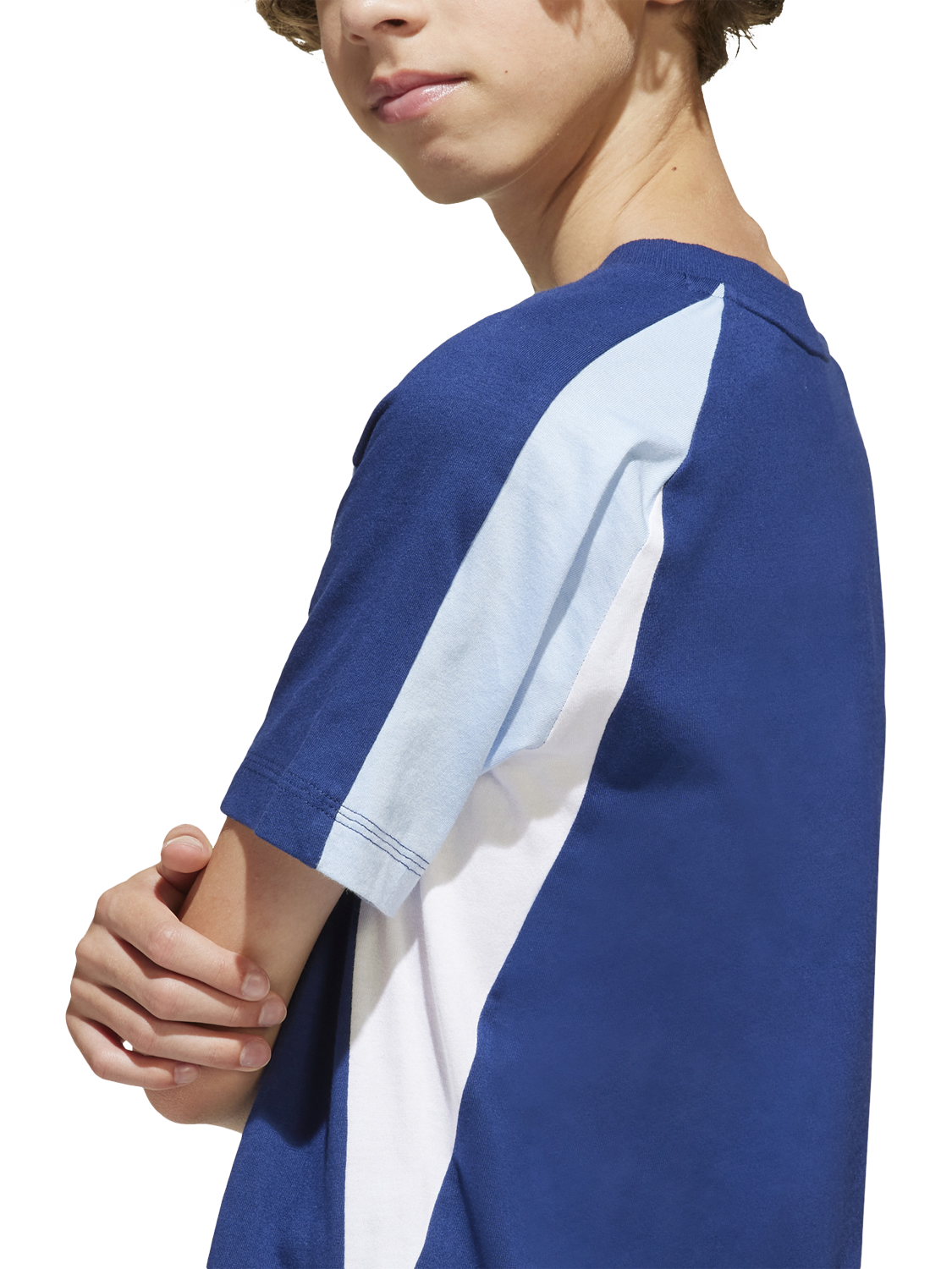 Product image 2 of 5, which shows adidas Kids' Cotton Colour Block T-Shirt, Dark Blue/White, 7-8 years