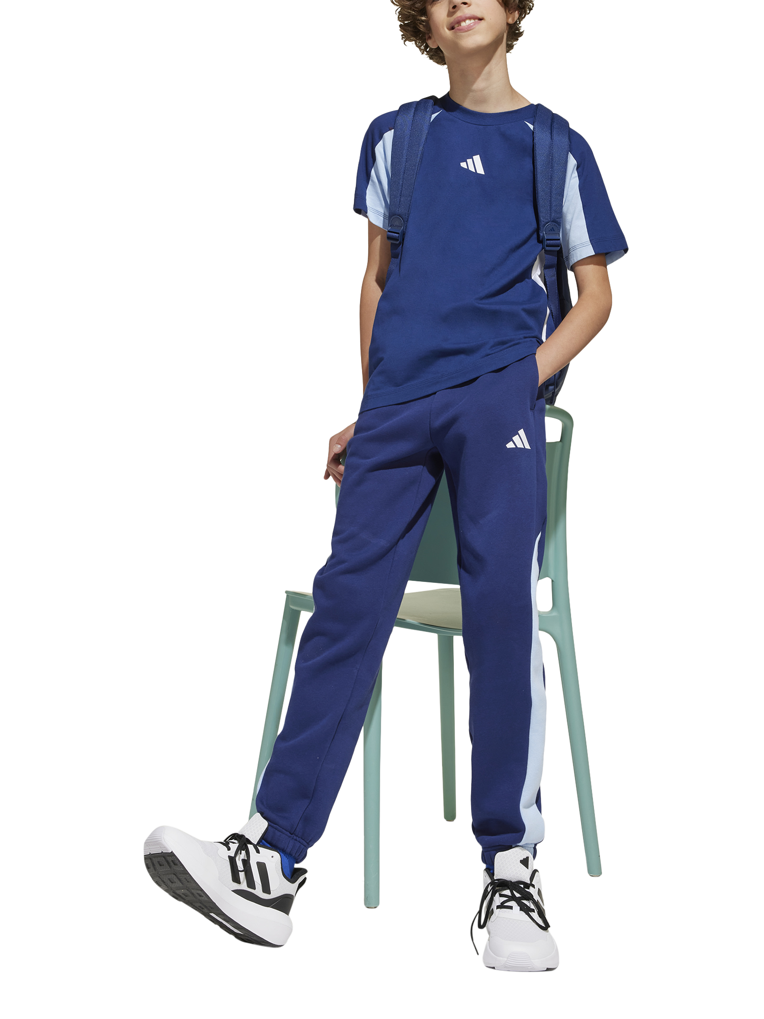 Product image 4 of 5, which shows adidas Kids' Cotton Colour Block T-Shirt, Dark Blue/White, 7-8 years