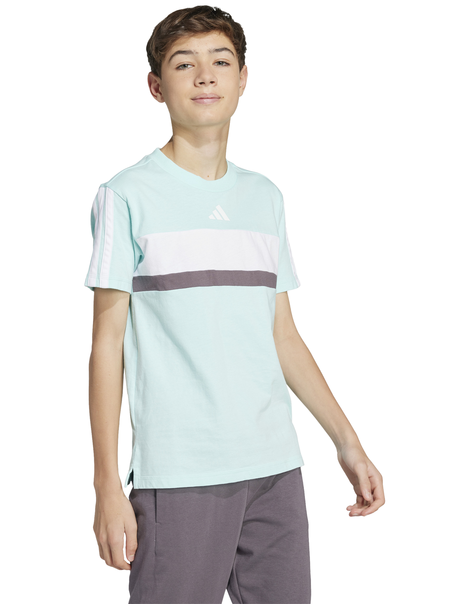 adidas Kids' 3 Stripes and 3 Bar Logo T-Shirt, Aqua/White