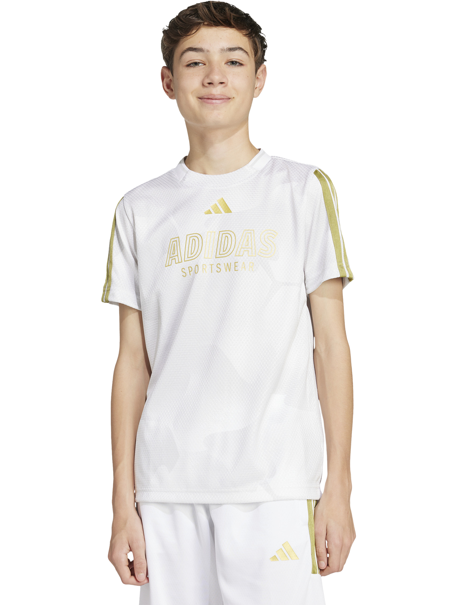 Product image 1 of 4, which shows adidas Kids' T-Shirt, White/Gold, 7-8 years