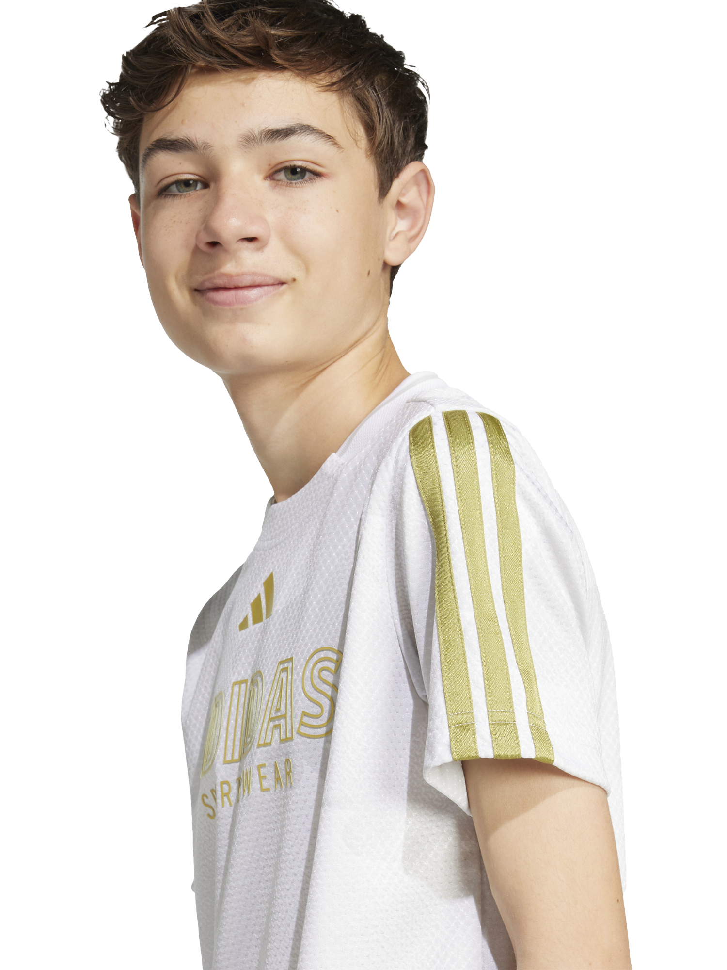 Product image 2 of 4, which shows adidas Kids' T-Shirt, White/Gold, 7-8 years