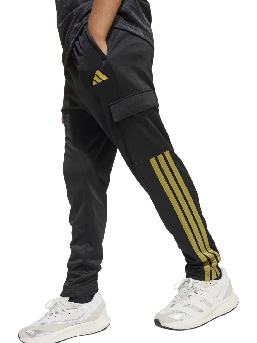 Product image 1 of 1, which shows adidas Kids' 3 Stripe Cargo Trousers, Black/Gold, 9-10 years